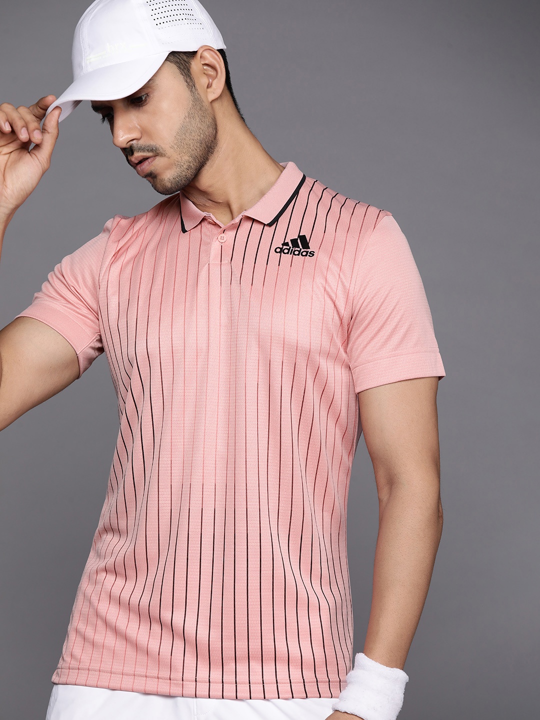 

ADIDAS Men Dusty Pink & Brown Slim Fit Striped Polo Collar Tennis Free-Lift T-shirt, Rose