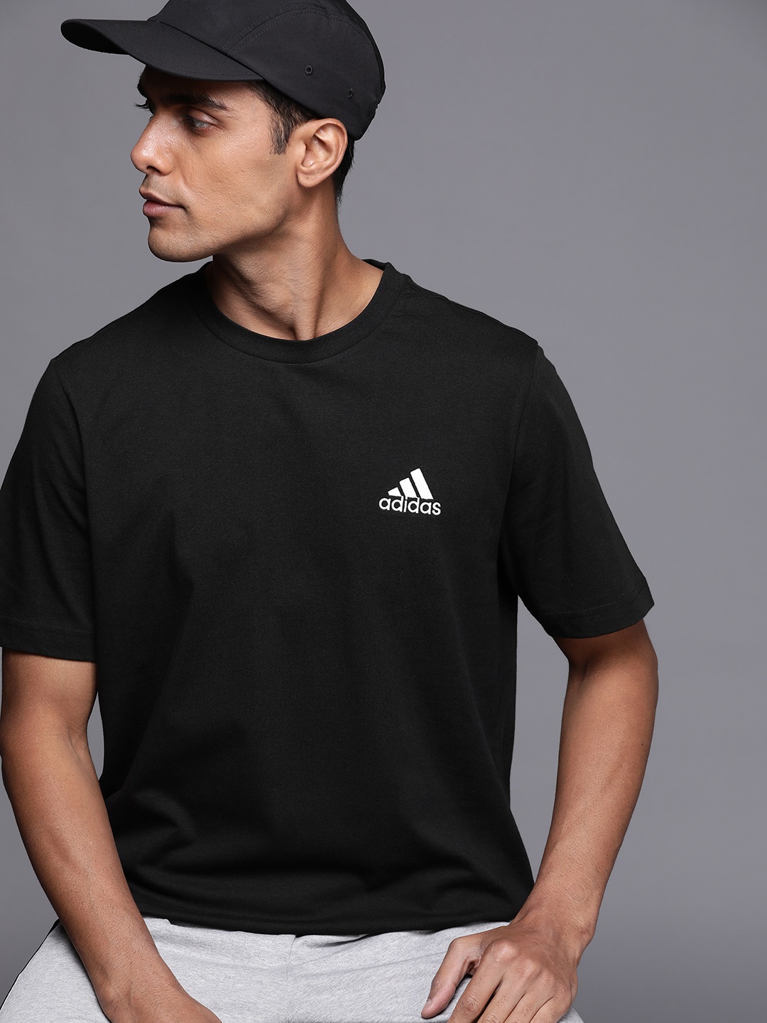 

ADIDAS Men Black Solid Pure Cotton T-shirt