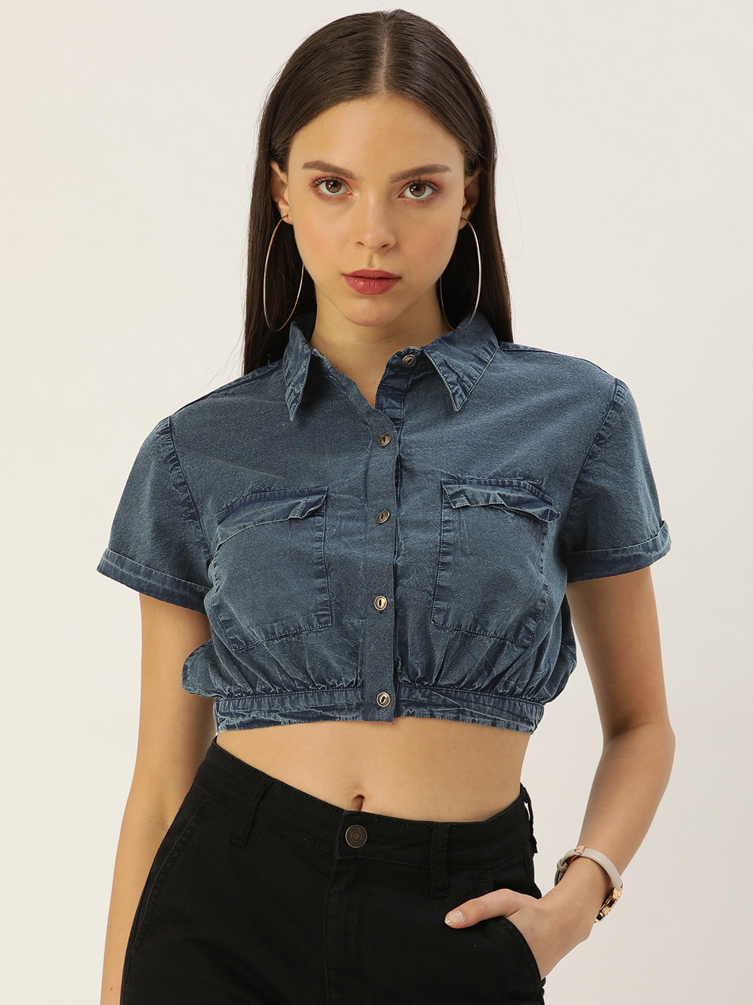 

FOREVER 21 Blue Solid Shirt Collar Regular Sleeves Pleated Denim Shirt Style Crop Top