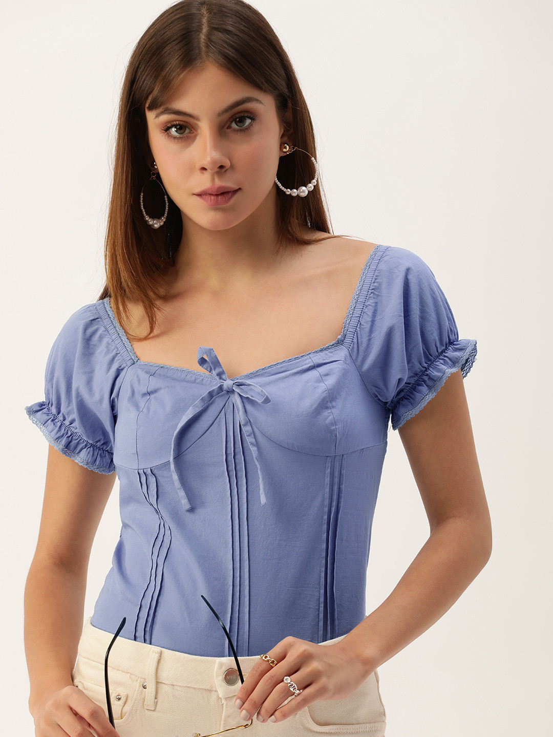 

FOREVER 21 Blue Sweetheart Neck Smocked Pintuck Pleated Top