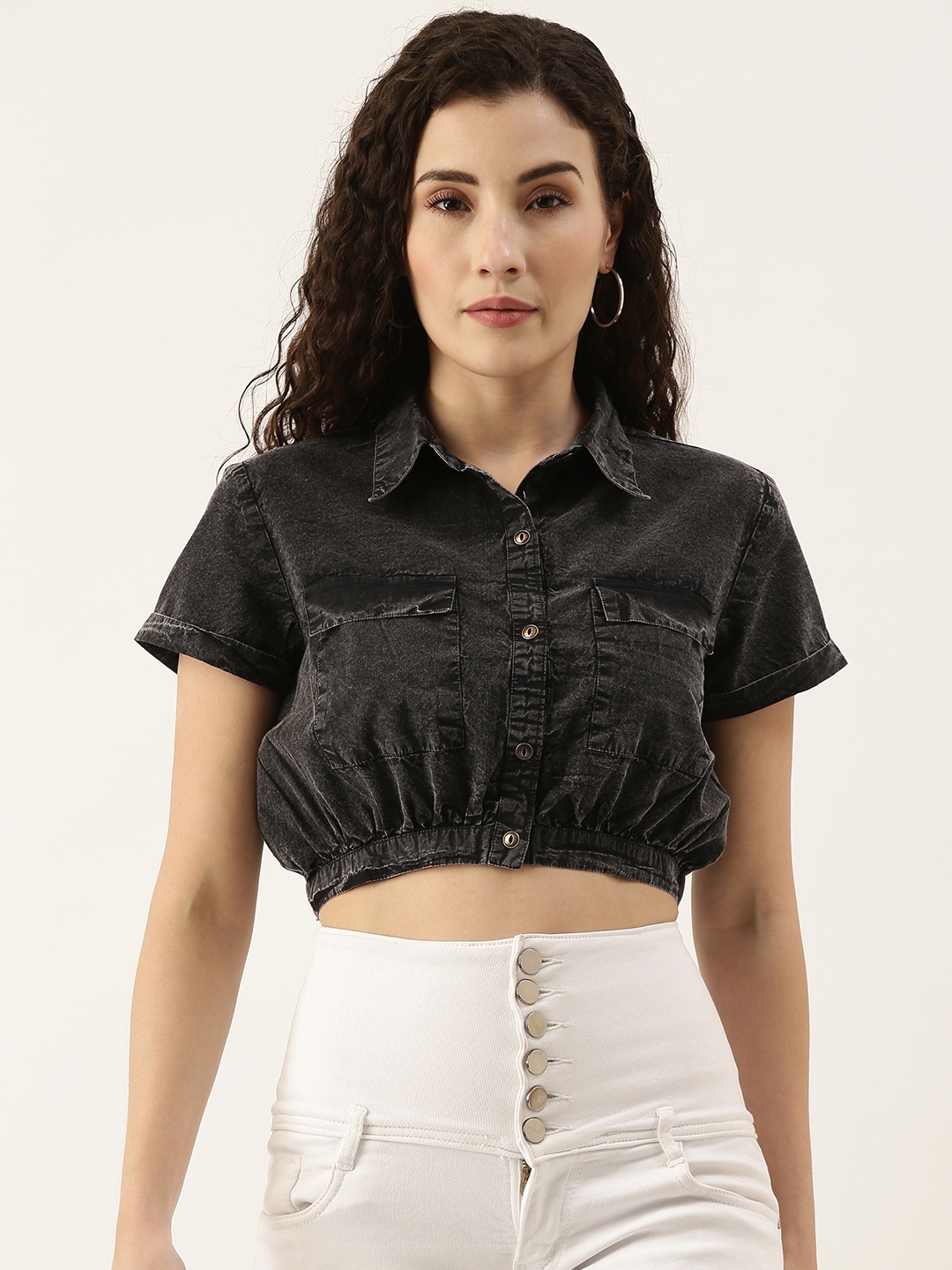 

FOREVER 21 Black Washed Shirt Style Pure Cotton Crop Top