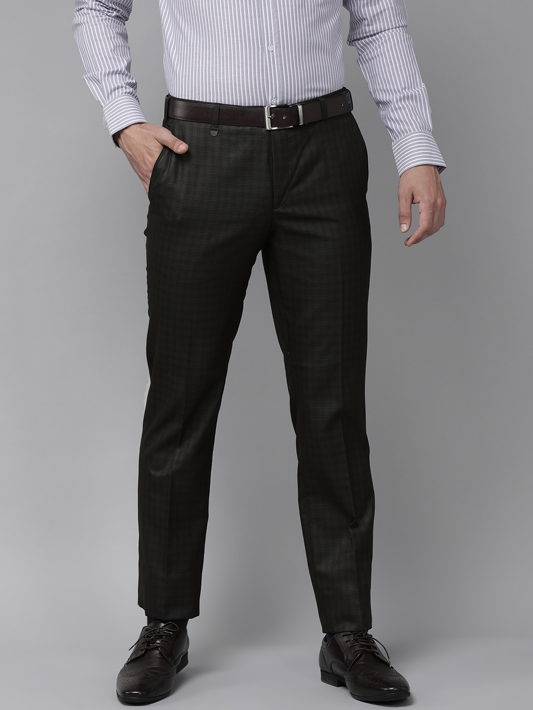 

Park Avenue Men Dark Grey Checked Mid Rise Wrinkle Free Formal Trousers