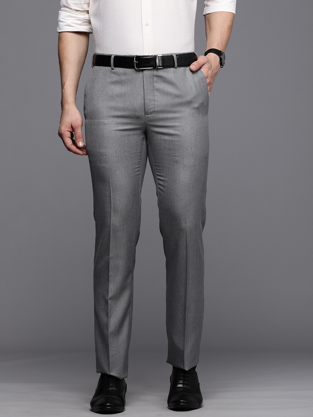 

Raymond Men Dark Grey Solid Slim Fit Wrinkle Free Formal Trousers
