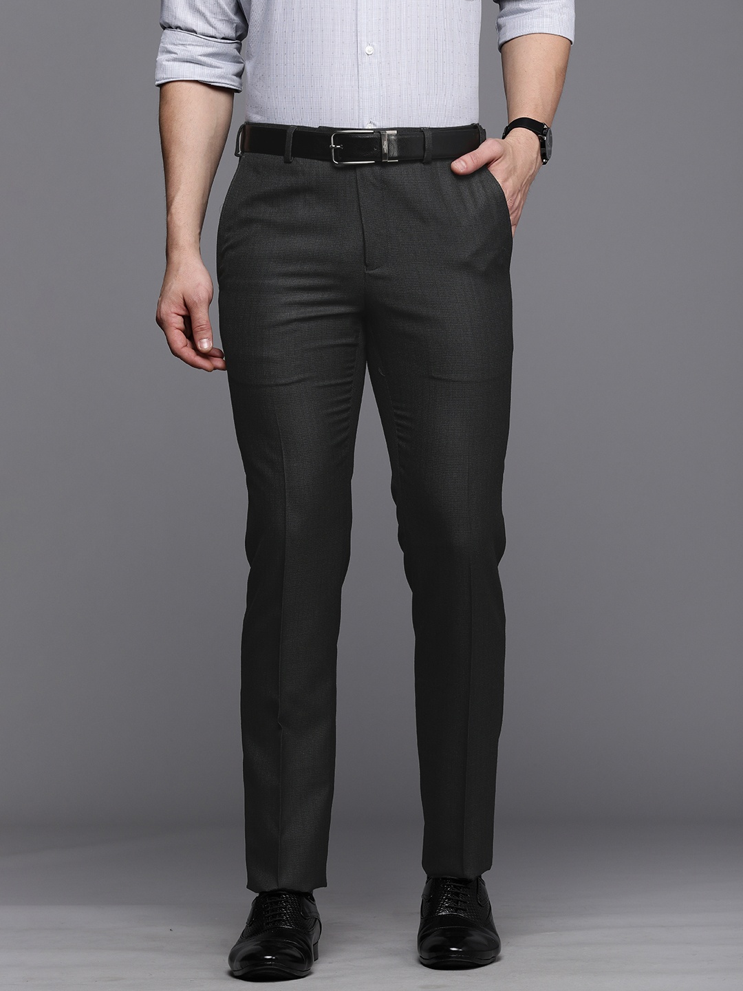 

Raymond Men Grey Solid Slim Fit Wrinkle Free Formal Trousers