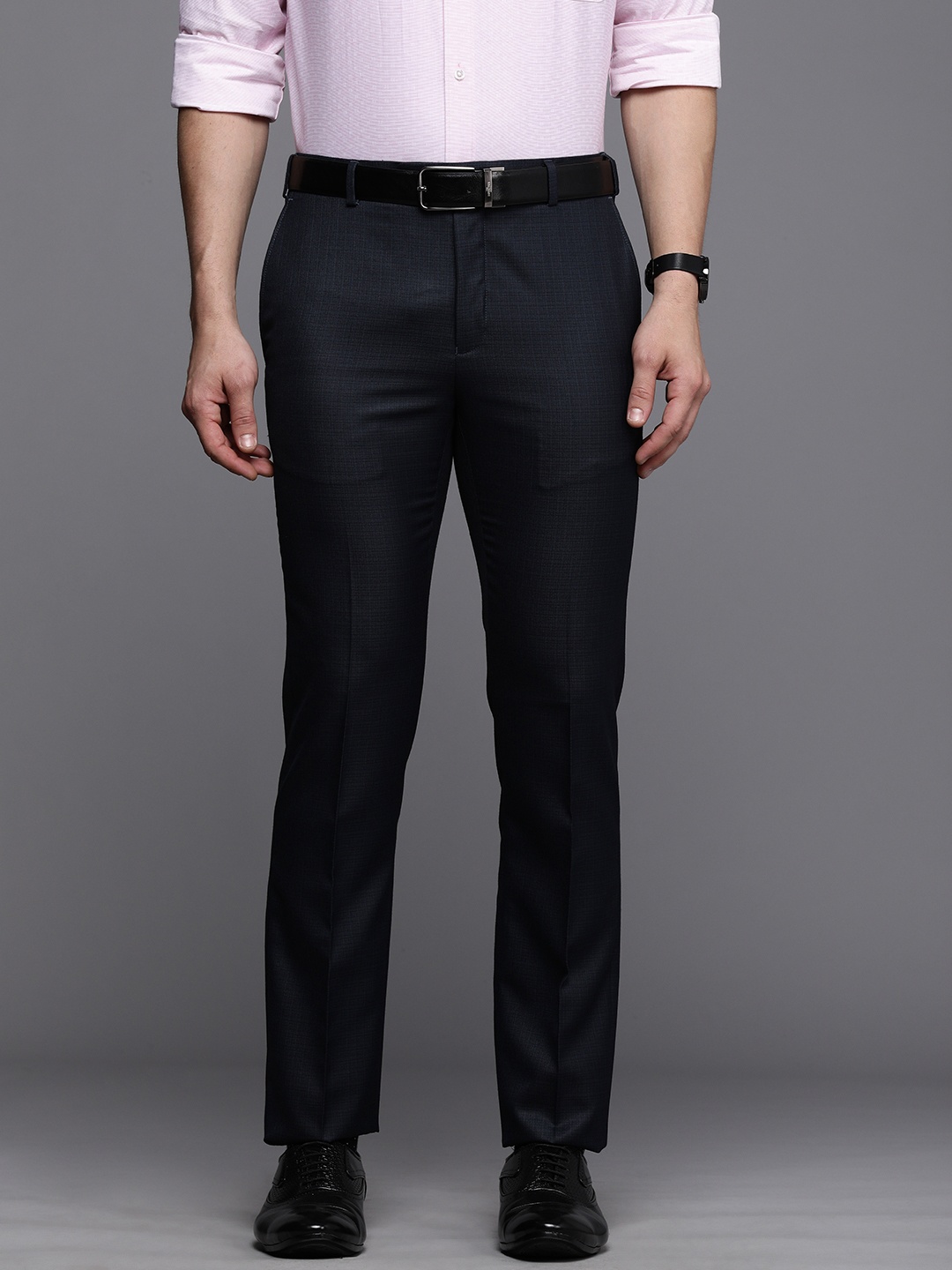 

Raymond Men Navy Blue Textured Self Design Slim Fit Mid-Rise Flat-Front Formal Trousers