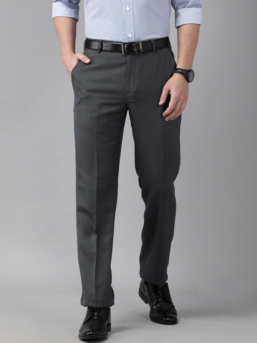 

Park Avenue Men Grey Wrinkle Free Chambray Formal Trousers