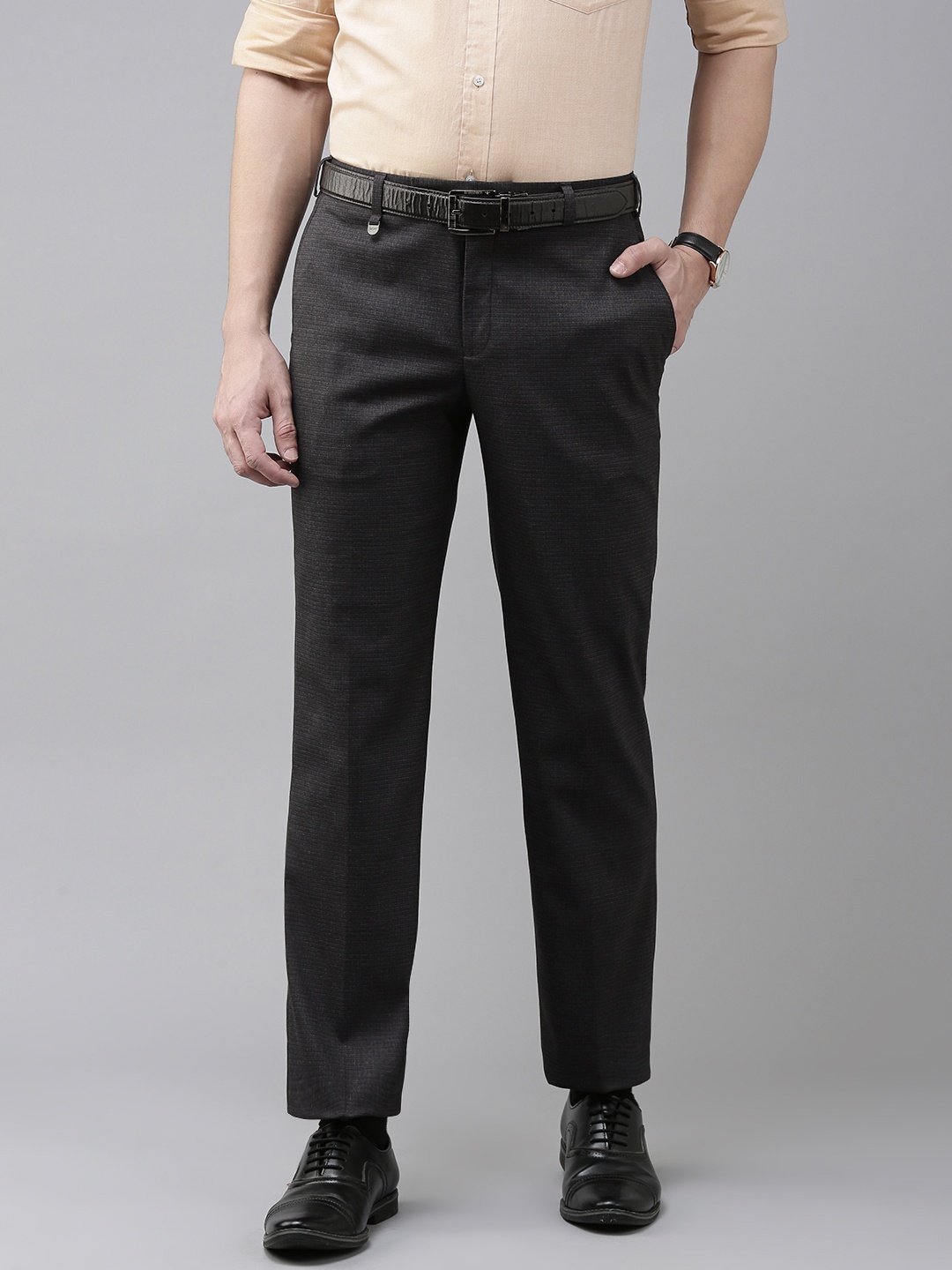 

Park Avenue Men Grey Striped Wrinkle Free Formal Trousers