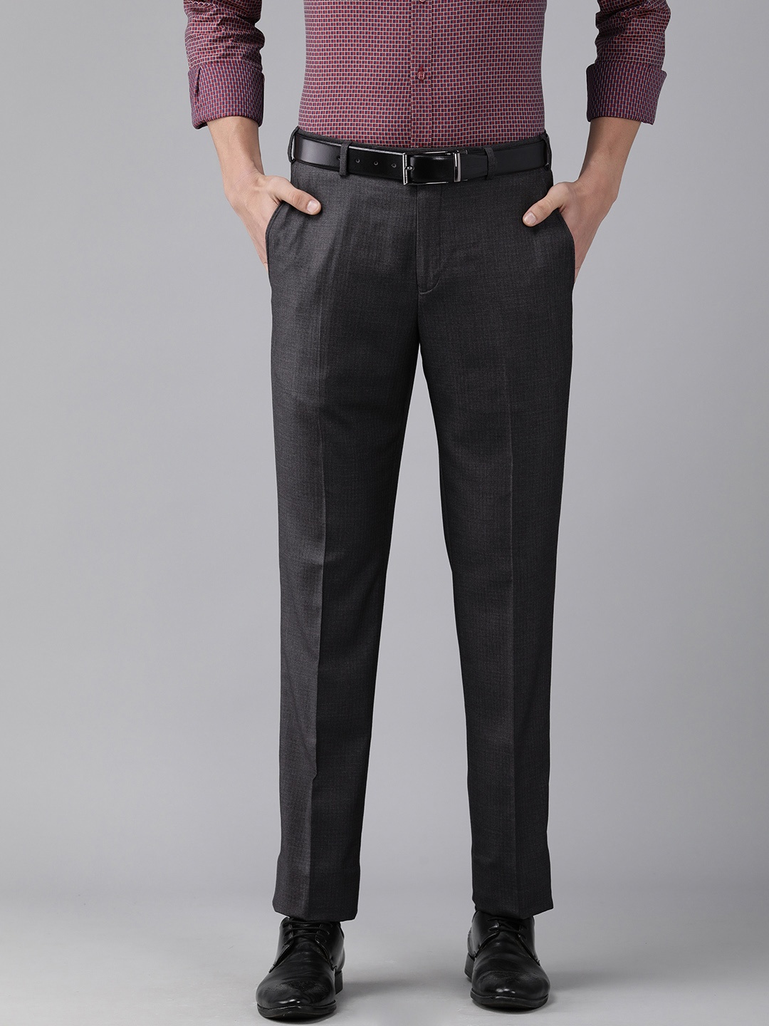 

Park Avenue Men Grey Self Designed Mid Rise Regular Fit Formal Trousers