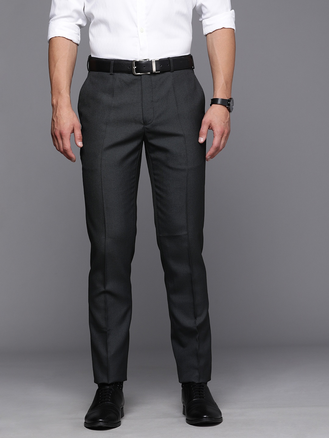 

Raymond Men Grey Checked Slim Fit Mid Rise Formal Trousers