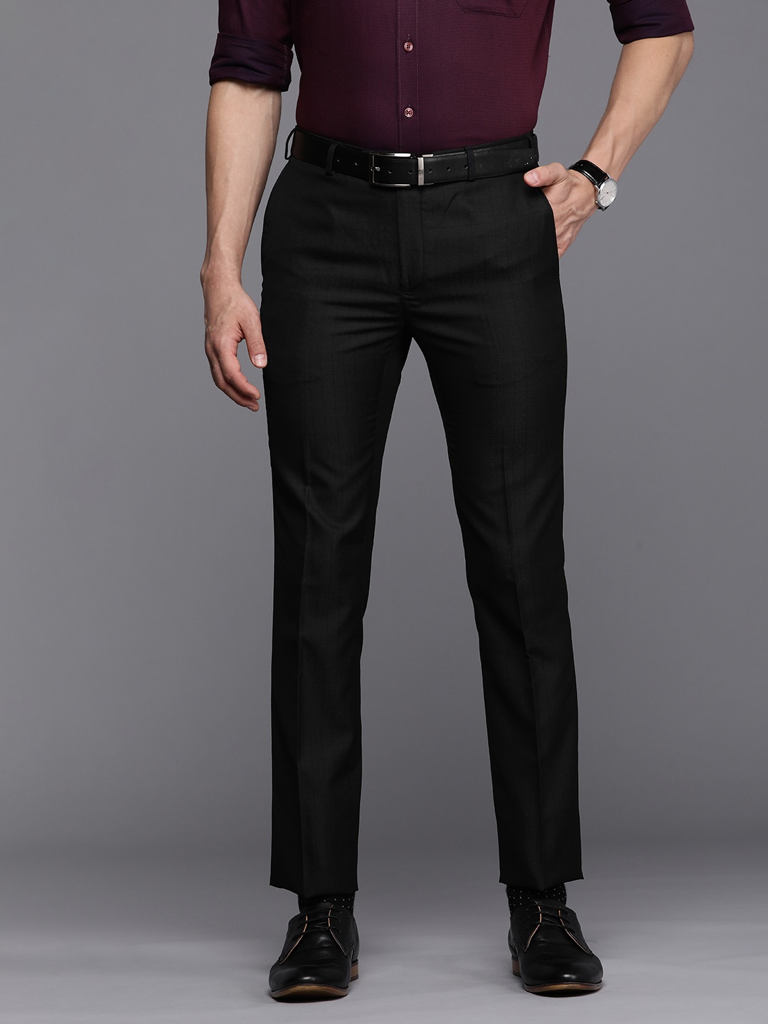 

Raymond Men Black Checked Slim Fit Trousers