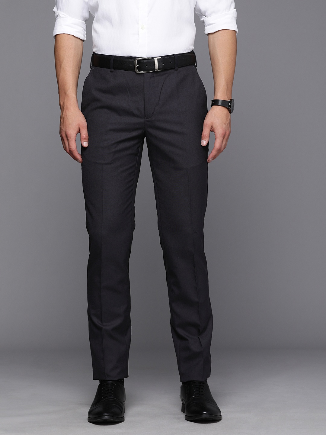 

Raymond Men Navy Blue Textured Slim Fit Mid Rise Formal Trousers