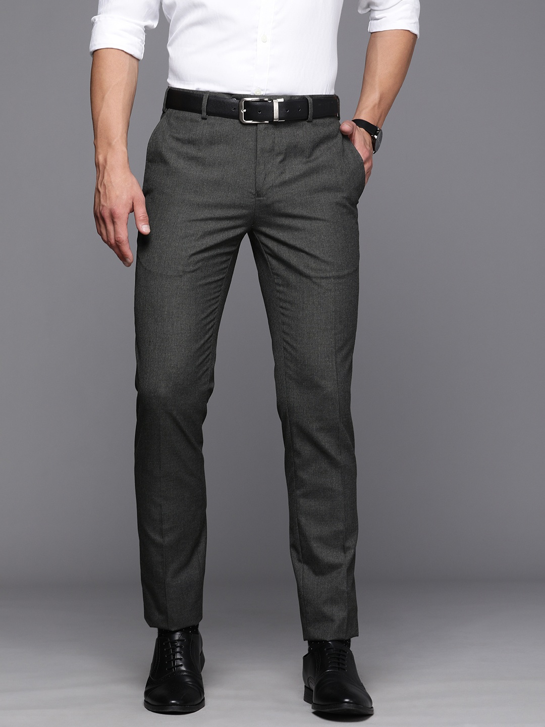 

Raymond Men Grey Solid Slim Fit MId Rise Formal Trousers
