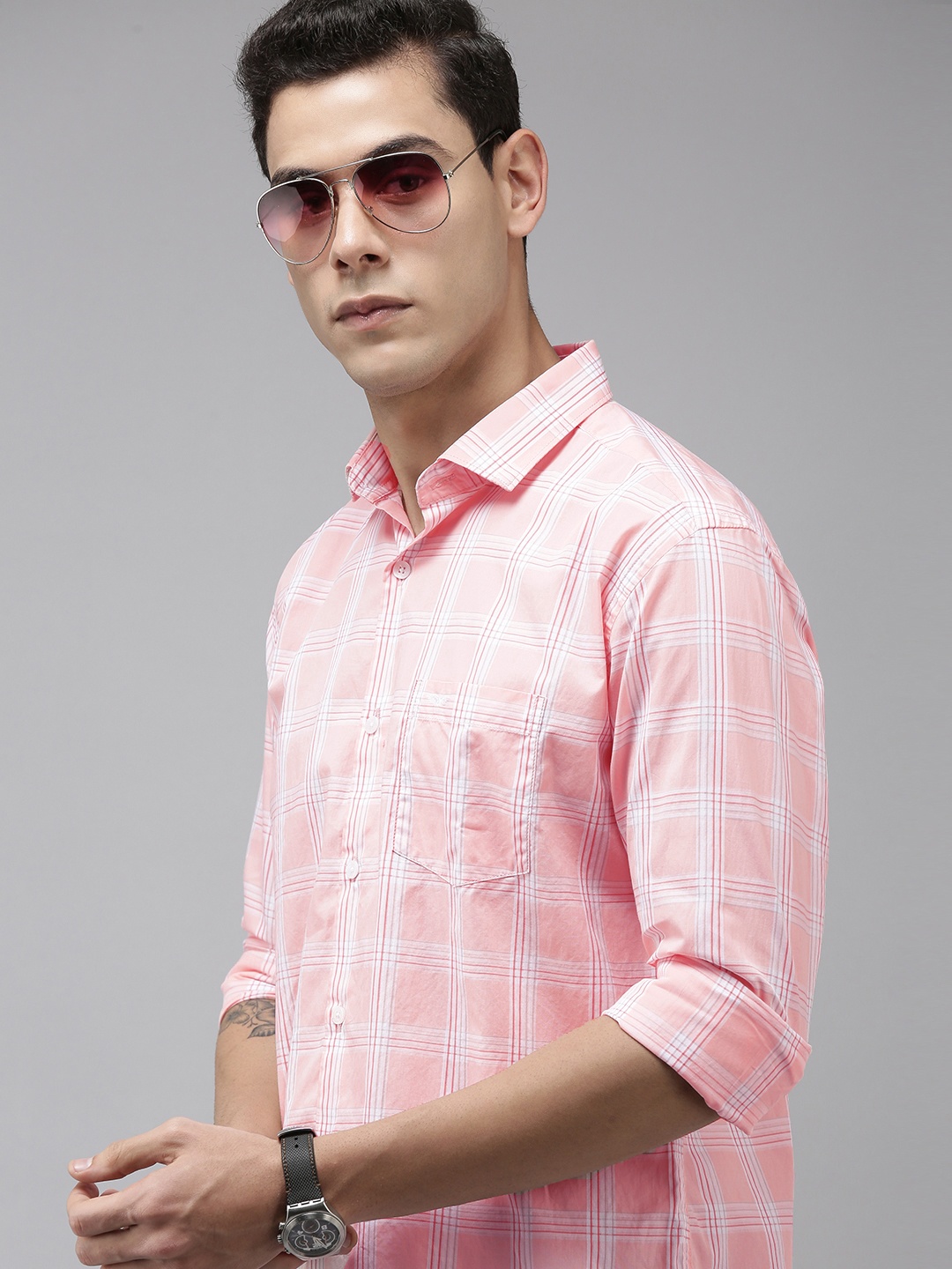 

Park Avenue Men Pink Slim Fit Tartan Checked Slim Fit Formal Shirt, Red