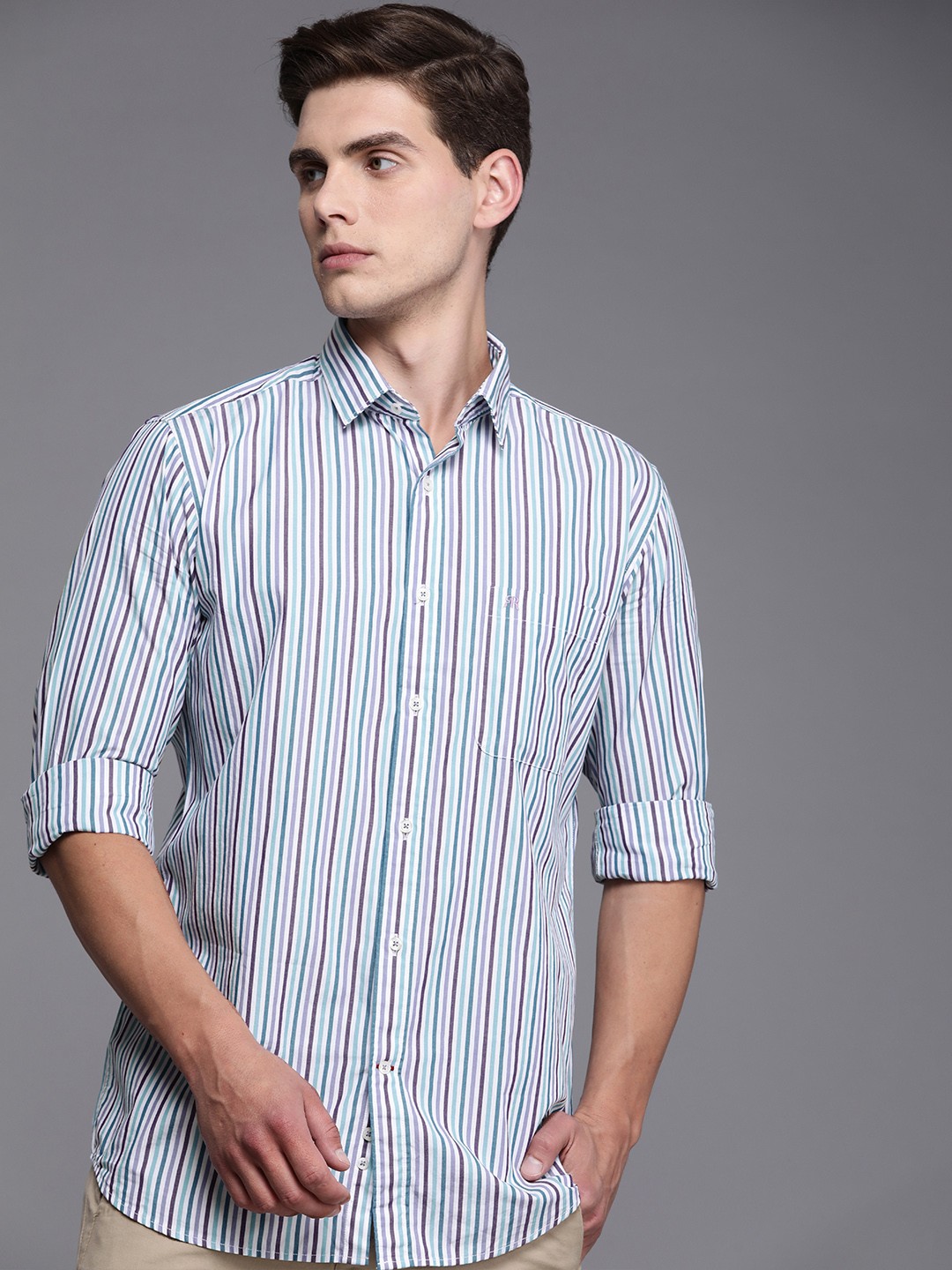 

Raymond Men Violet And White Slim Fit Striped Pure Cotton Casual Shirt
