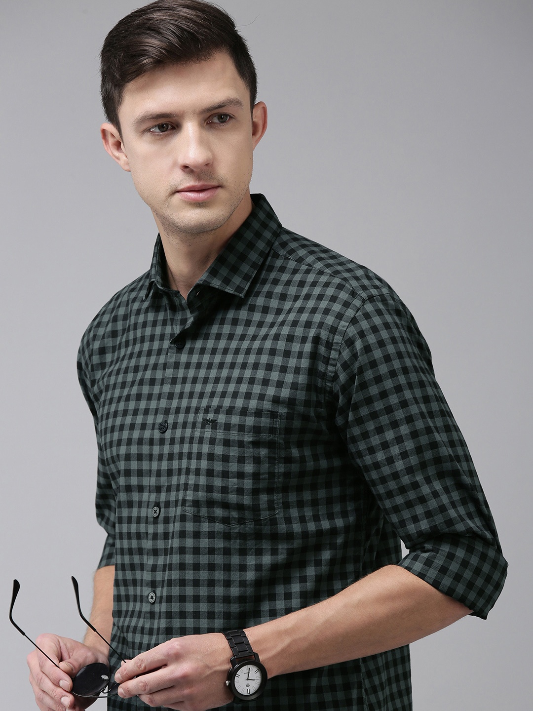 

Park Avenue Men Grey Slim Fit Gingham Checks Pure Cotton Casual Shirt