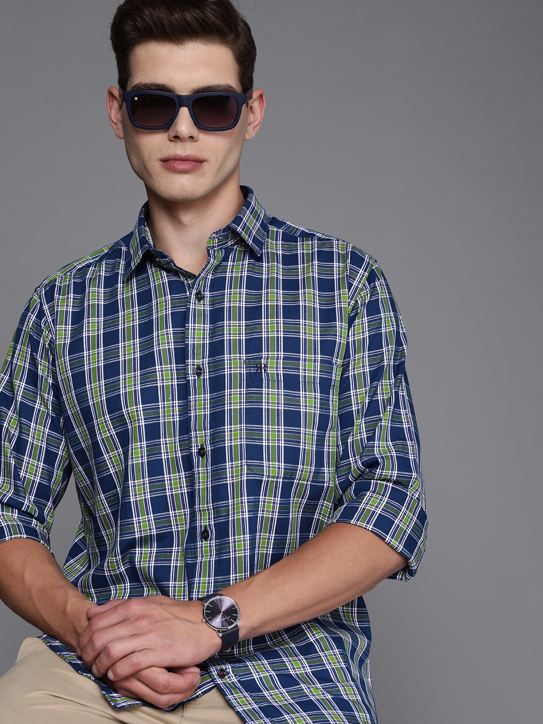 

Raymond Men Navy Blue & Green Slim Fit Checked Casual Shirt