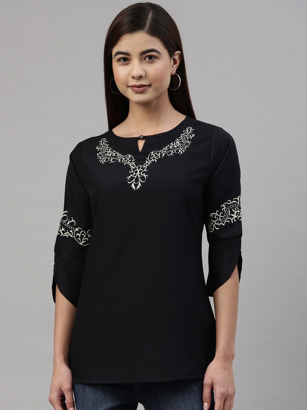 

GOLDSTROMS Navy Blue Ethnic Motif Embroidered Print Keyhole Neck Top