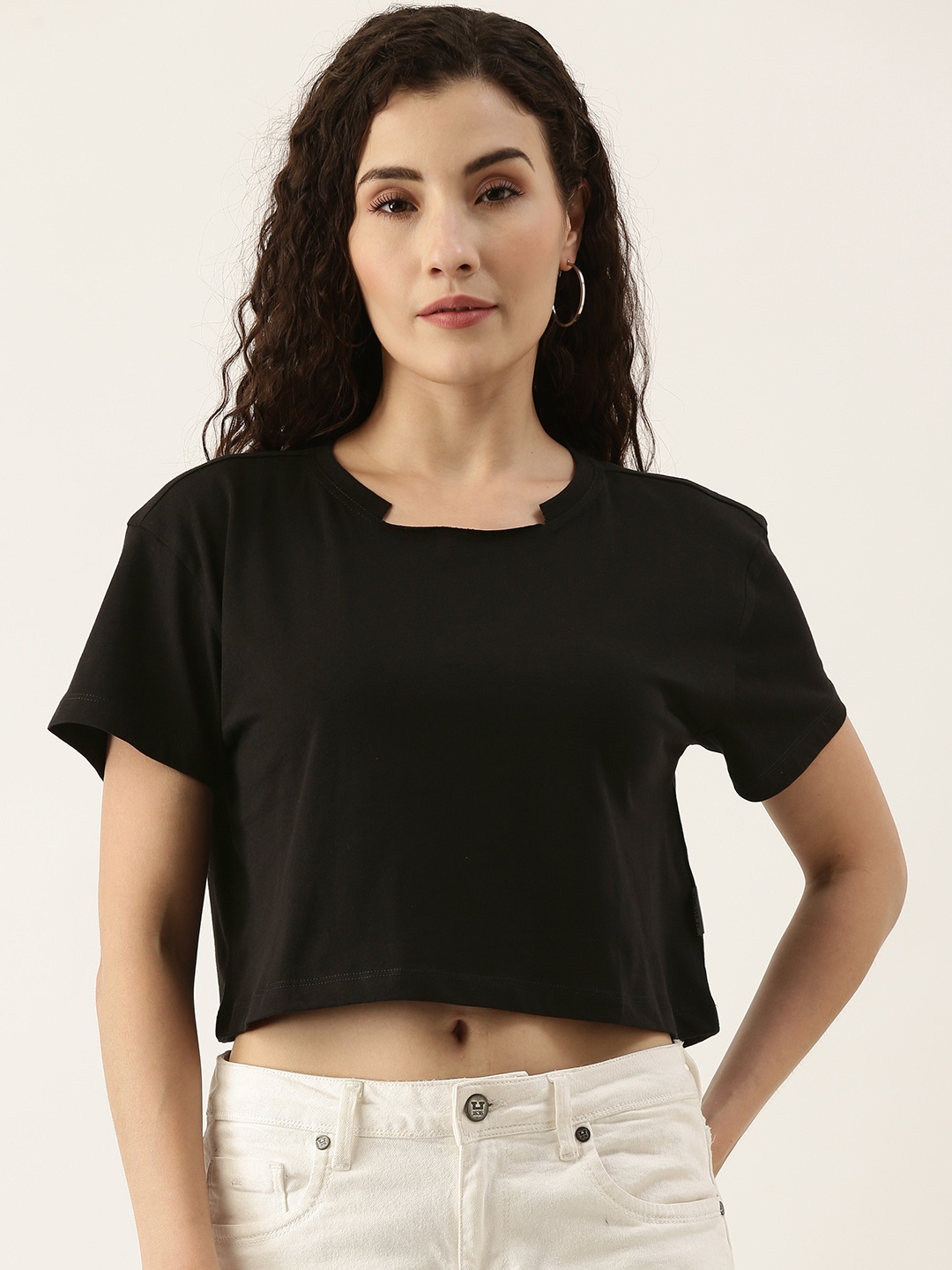 

FOREVER 21 Black Solid Drop-Shoulder Sleeves Crop Top