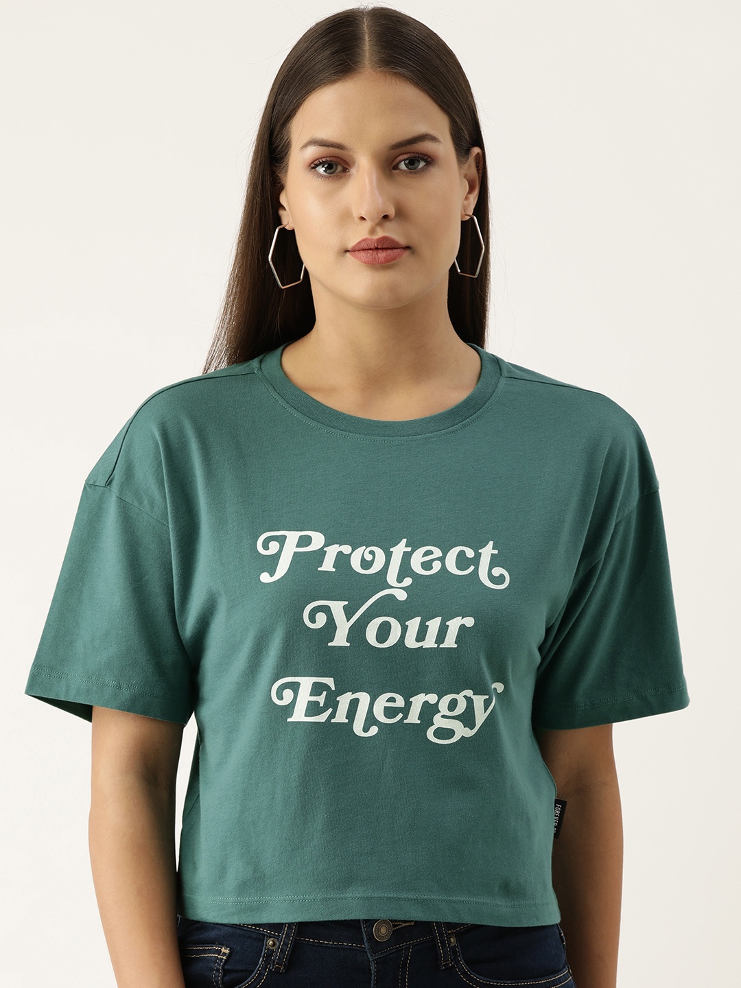 

FOREVER 21 Women Blue & White Typography Printed Drop-Shoulder Sleeves T-shirt