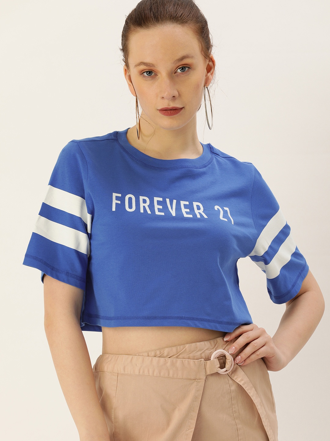 

FOREVER 21 Women Blue Brand Logo Printed T-shirt