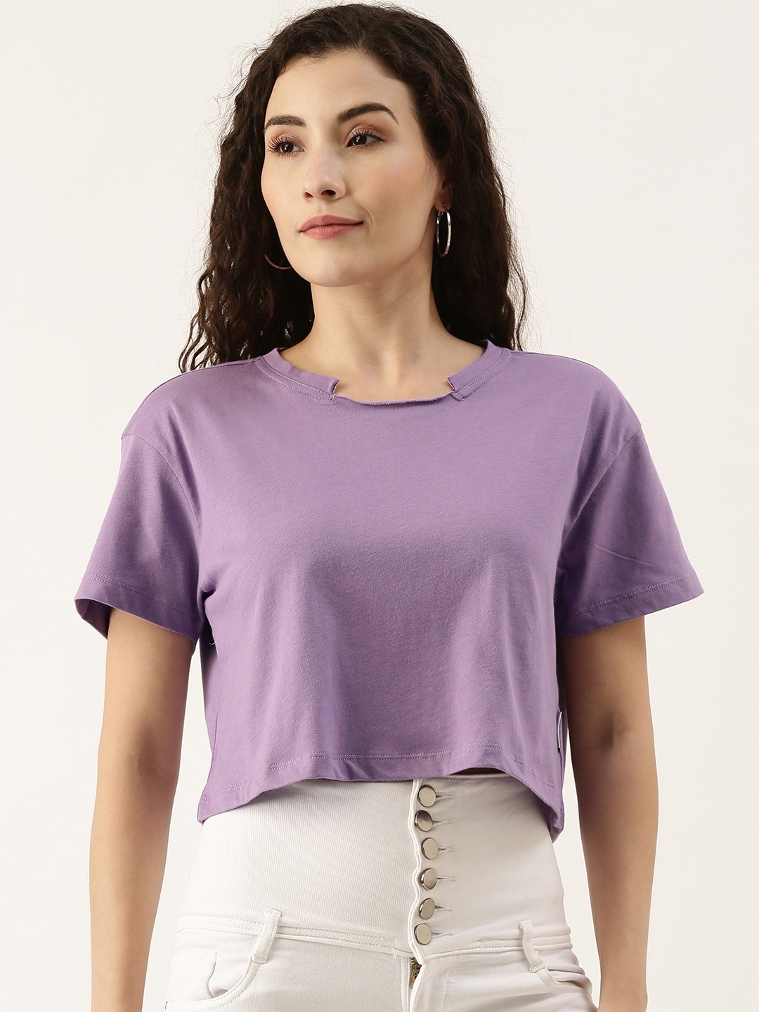 

FOREVER 21 Lavender Solid Drop-Shoulder Sleeves Pure Cotton Crop Top