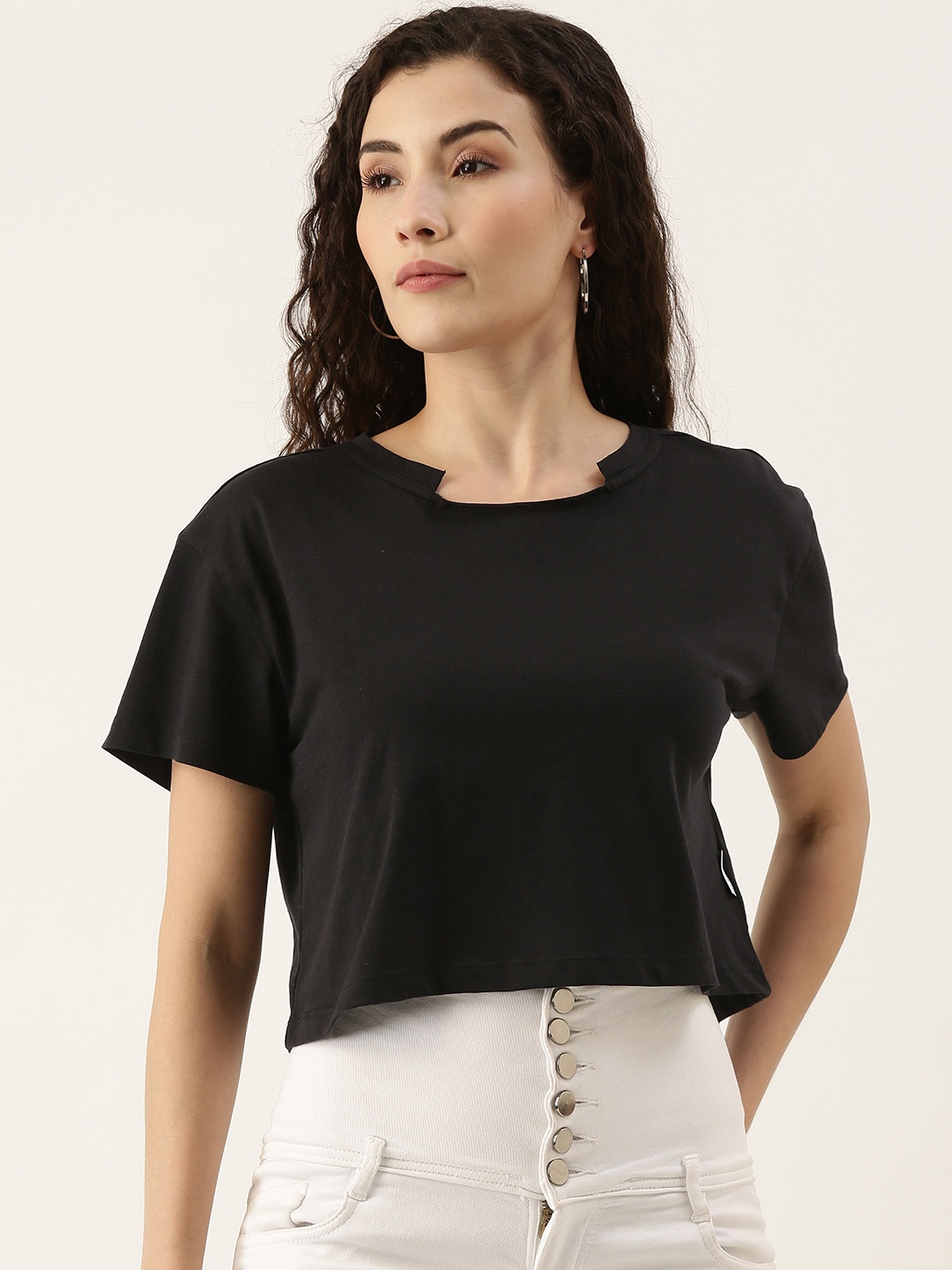 

FOREVER 21 Black Drop-Shoulder Sleeves Pure Cotton Crop Top