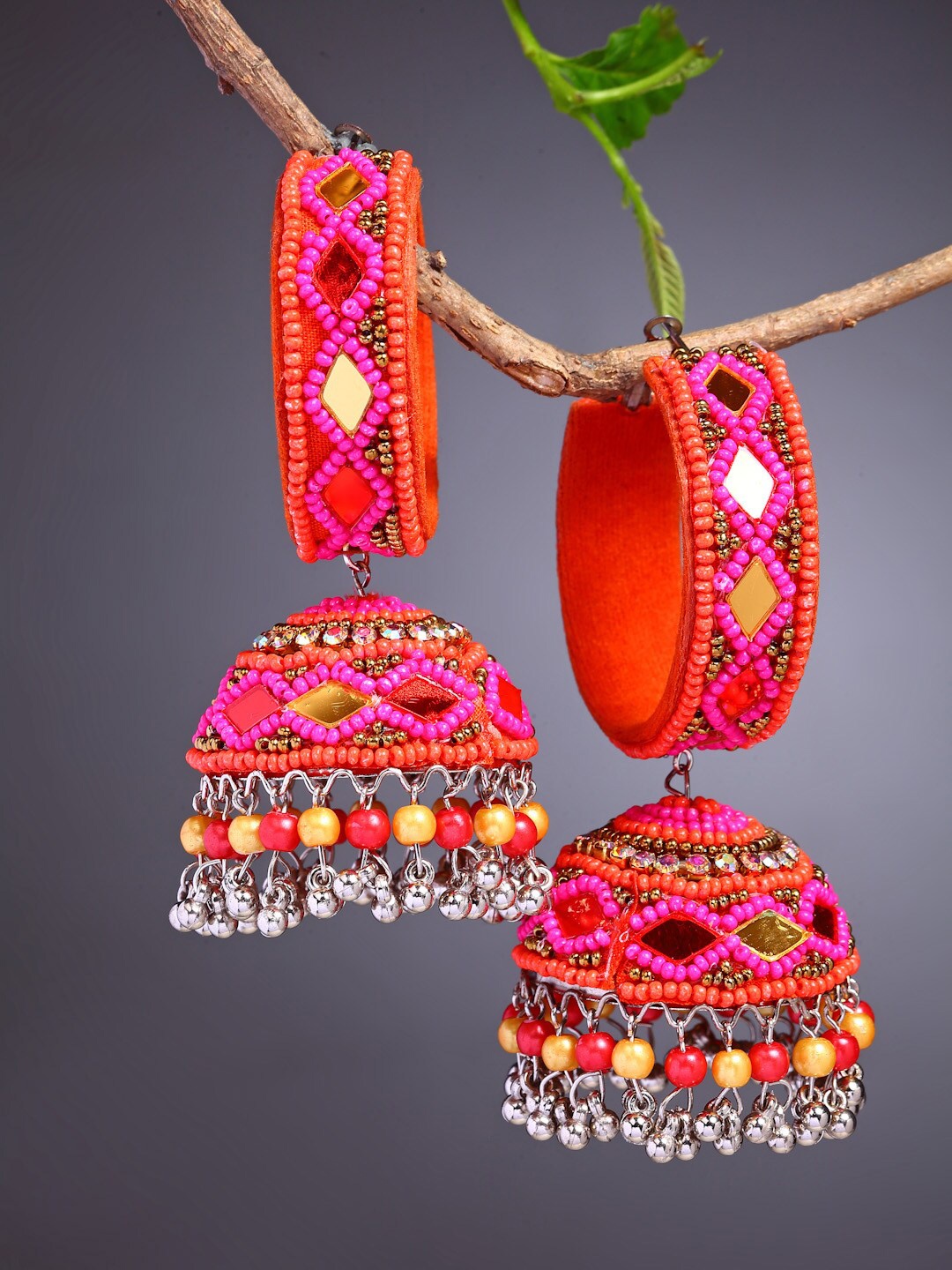 

Moedbuille Pink & Orange Silver-Plated Mirror Work & Beaded Afghan Jhumkas Earrings