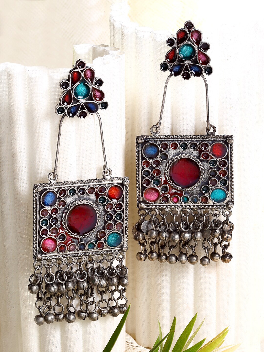 

Moedbuille Multicoloured Meenakari Work Oxidised Silver Plated Handcrafted Tassell Earring, Multi