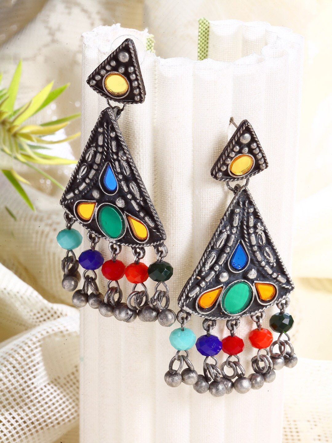 

Moedbuille Silver-Plated Blue & Yellow Triangular Drop Earrings