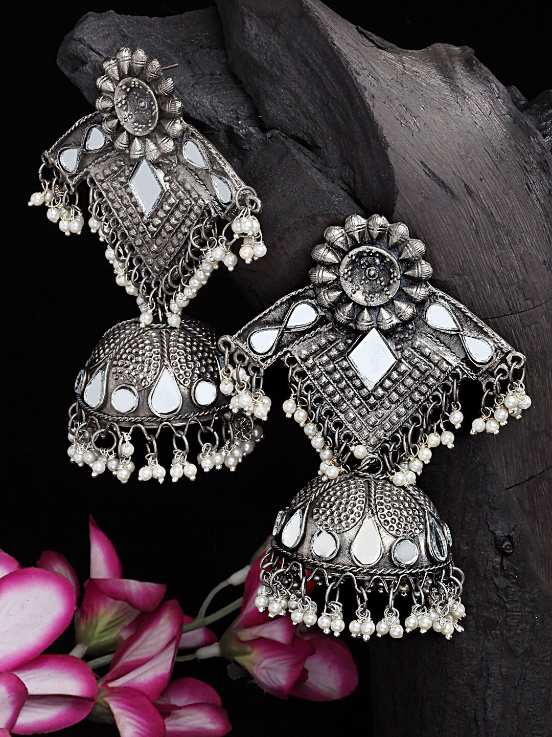 

Moedbuille Silver-Toned Dome Shaped Jhumkas Earrings