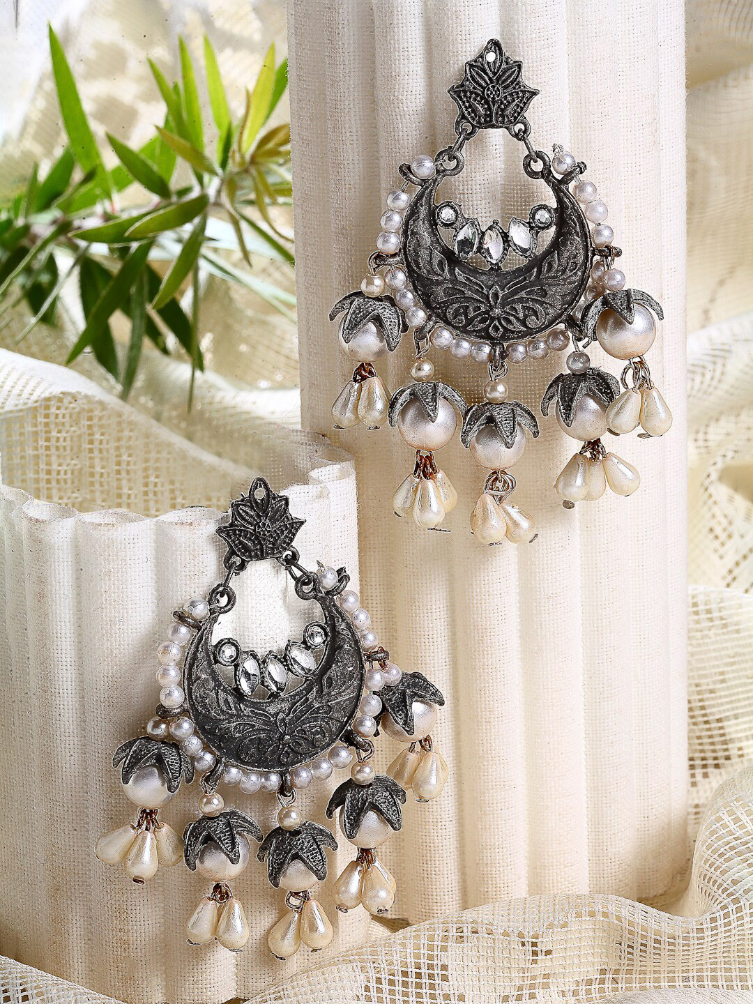 

Moedbuille Silver-Toned & White Classic Chandbalis Earrings