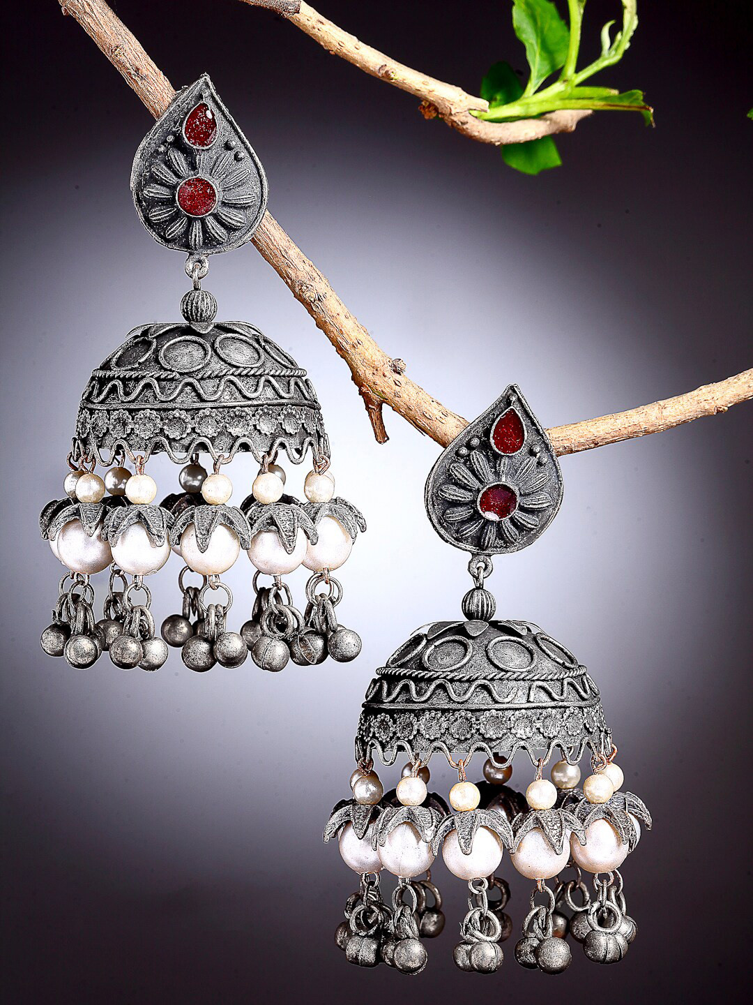 

Moedbuille Silver-Toned & White Dome Shaped Jhumkas Earrings