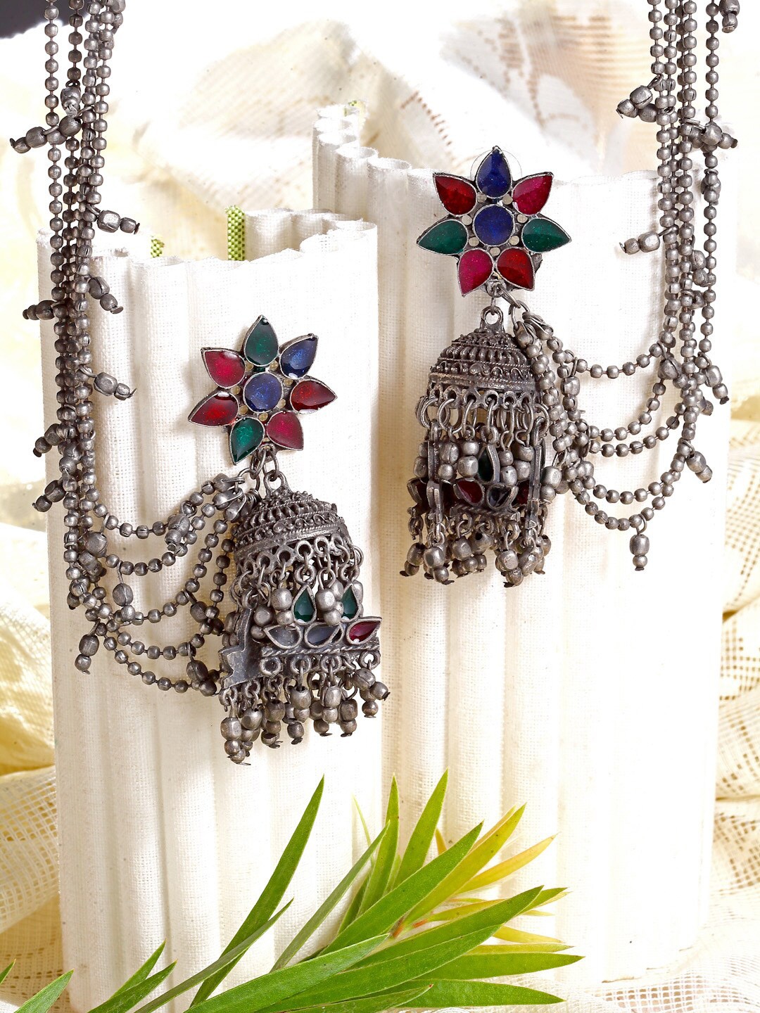 

Moedbuille Oxidised Silver-Plated Blue & Maroon Antique Tribal Meenakari Jhumkas Earrings