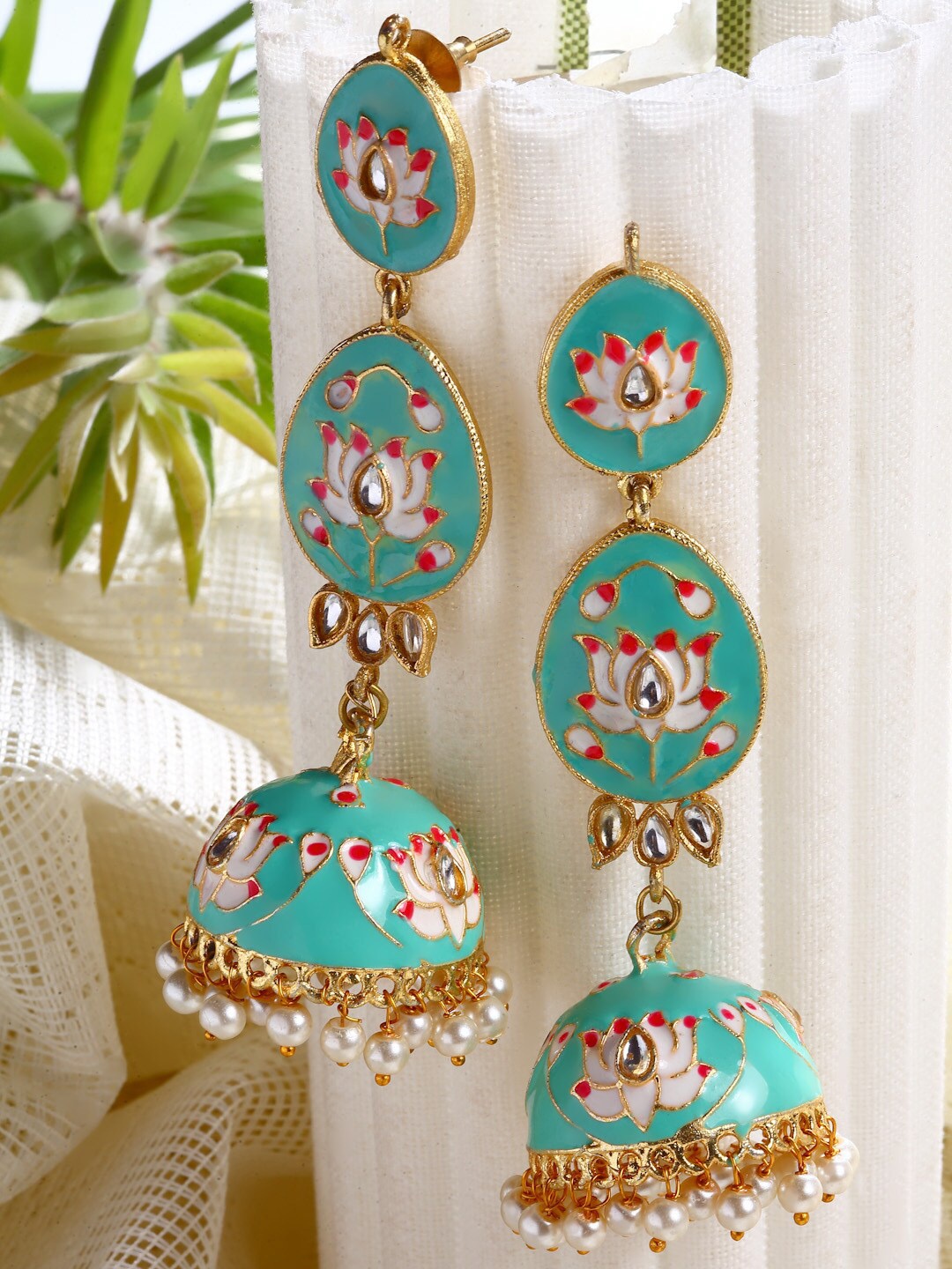 

Moedbuille Sea Green & Pink Dome Shaped Handpainted Meenakari Jhumkas Earrings