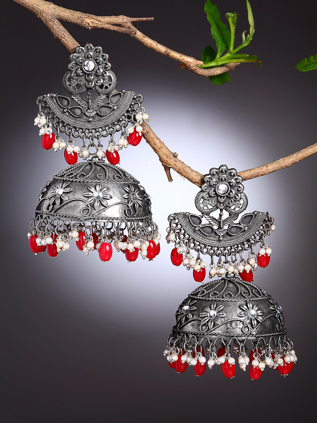 

Moedbuille Red & Silver-Toned Antique Tribal Design Pearls Dome Shaped Jhumkas Earrings