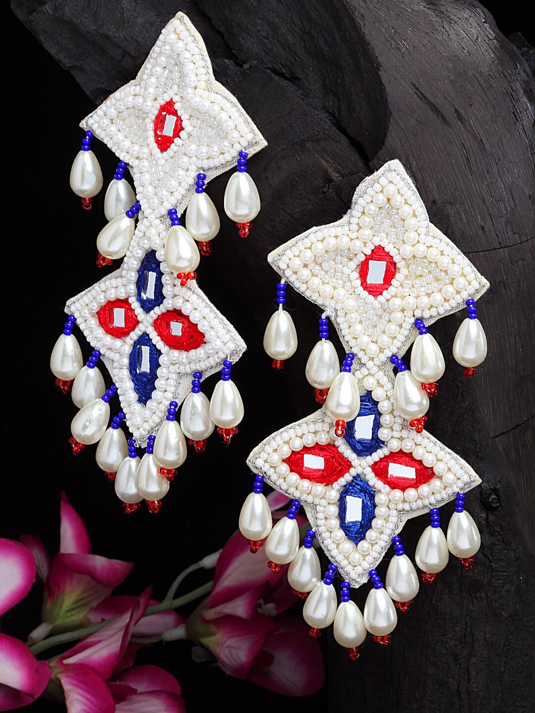 

Moedbuille White & Blue Contemporary Studded Afghan Tasselled Drop Earrings