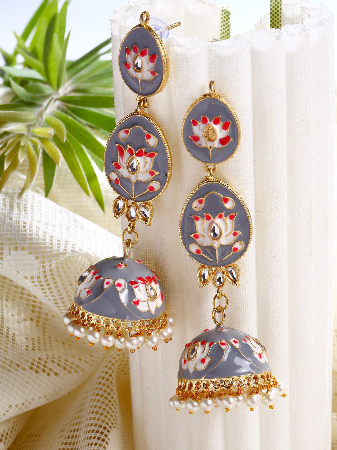 

Moedbuille Gold-Plated Grey & White Meenakari Kundan & Pearls Jhumkas Earrings