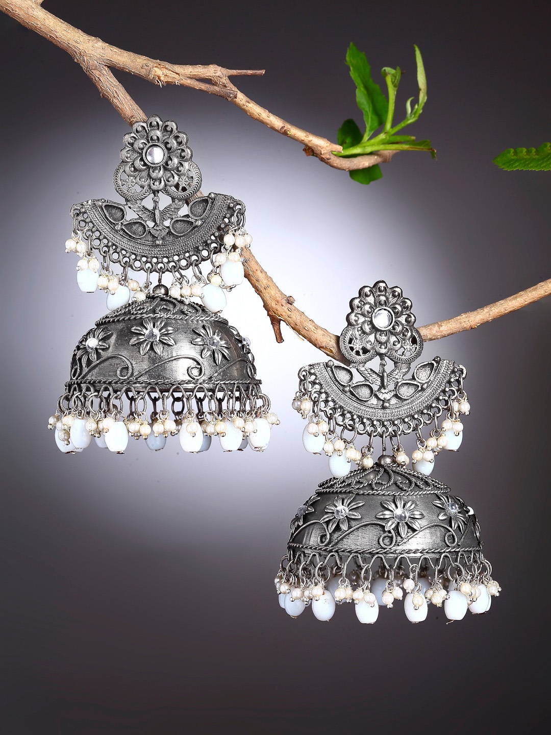 

Moedbuille Silver-Toned Pearls Dome Shaped Jhumkas Earrings