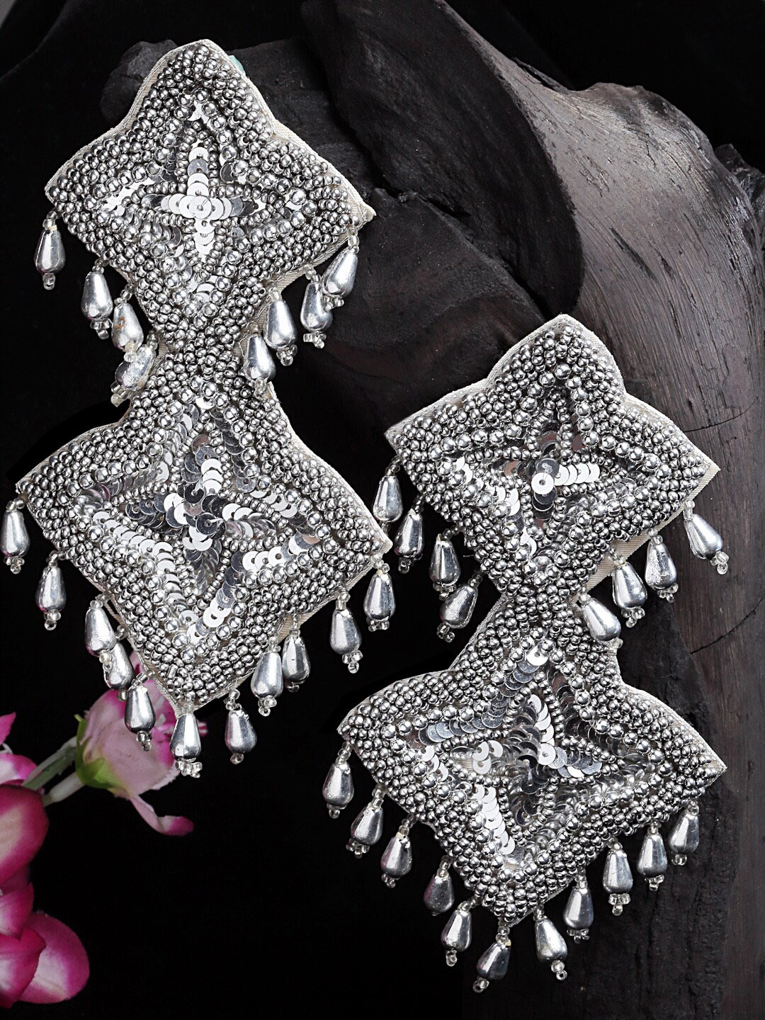 

Moedbuille Silver-Plated Sequins & Pearls Studded Drop Earrings