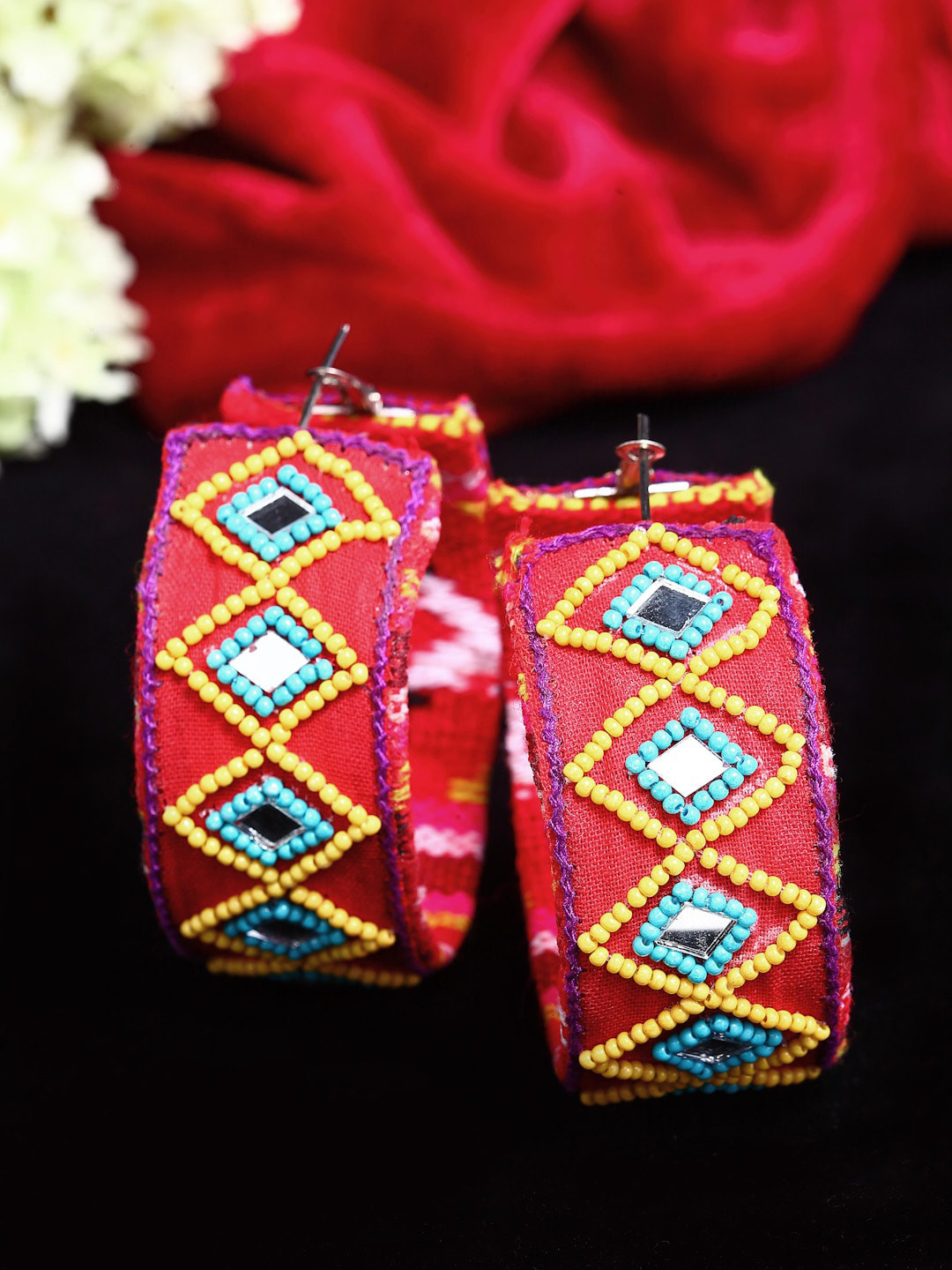 

Moedbuille Red & Turquoise Blue Contemporary Afghan Design Hoop Earrings