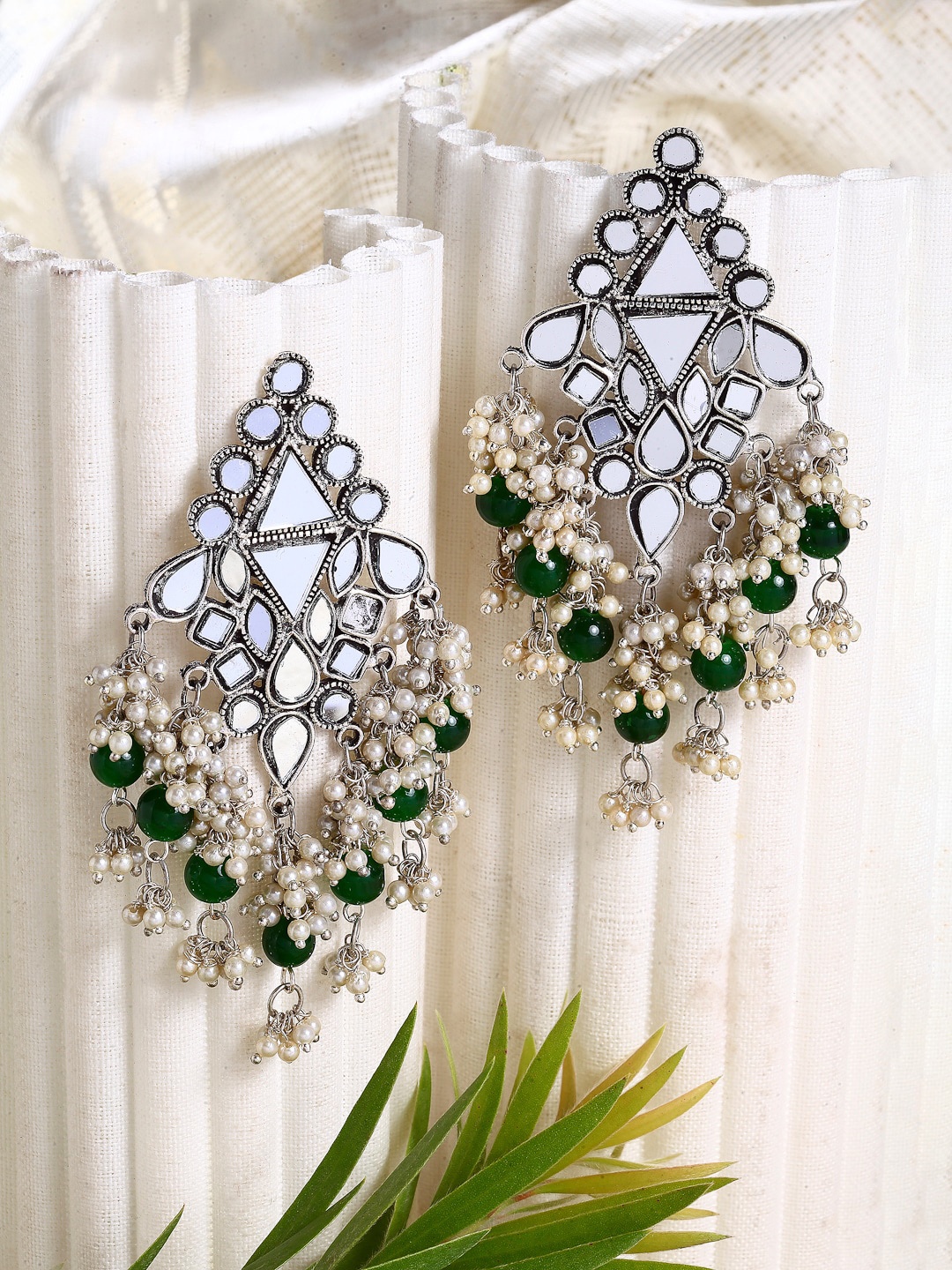 

Moedbuille Green Mirrors & Pearls Studded Afghan Contemporary Drop Earrings
