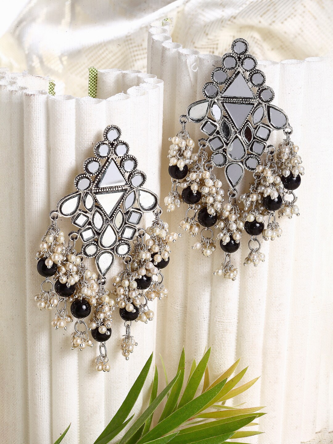 

Moedbuille Silver-Toned & Black Mirrors & Pearls Studded Classic Drop Earrings
