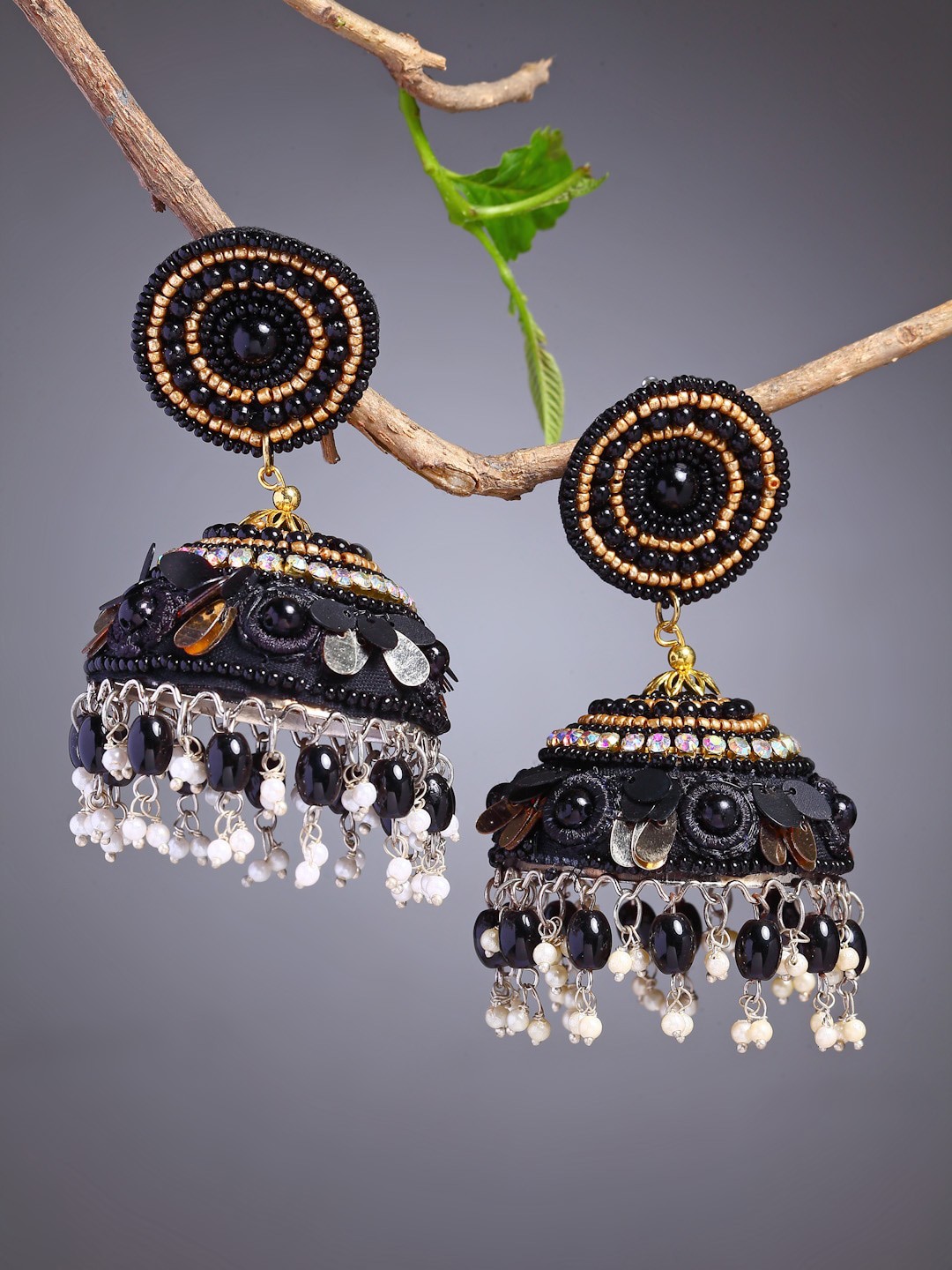 

Moedbuille Gold-Plated Black & White Dome Shaped Jhumkas