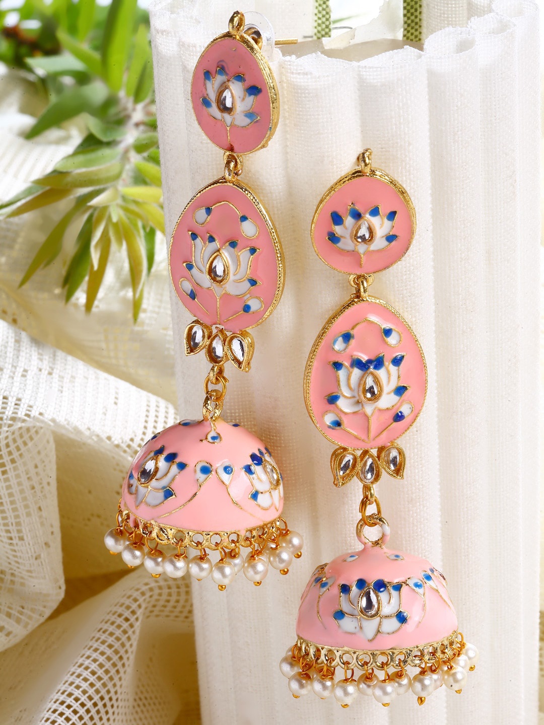 

Moedbuille Pink Kundan & Pearls Studded Dome Shaped Jhumkas Earrings
