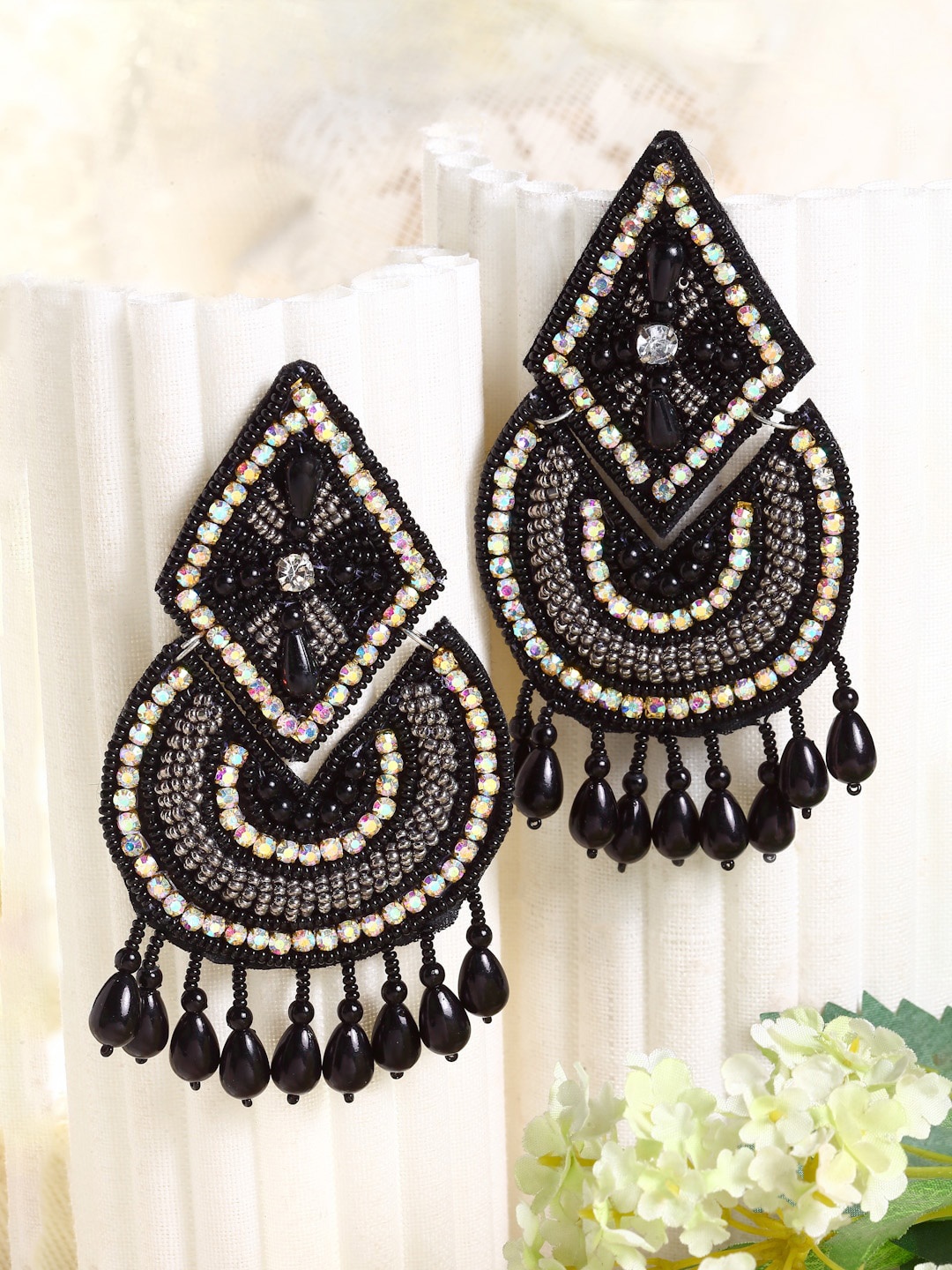 

Moedbuille Black Contemporary Beads Sequins & Pearls Drop Earrings