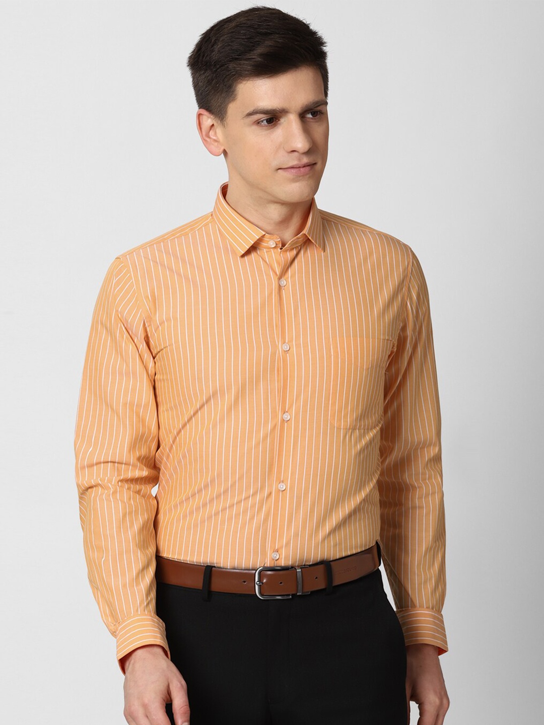 

Peter England Men Orange Slim Fit Striped Formal Shirt