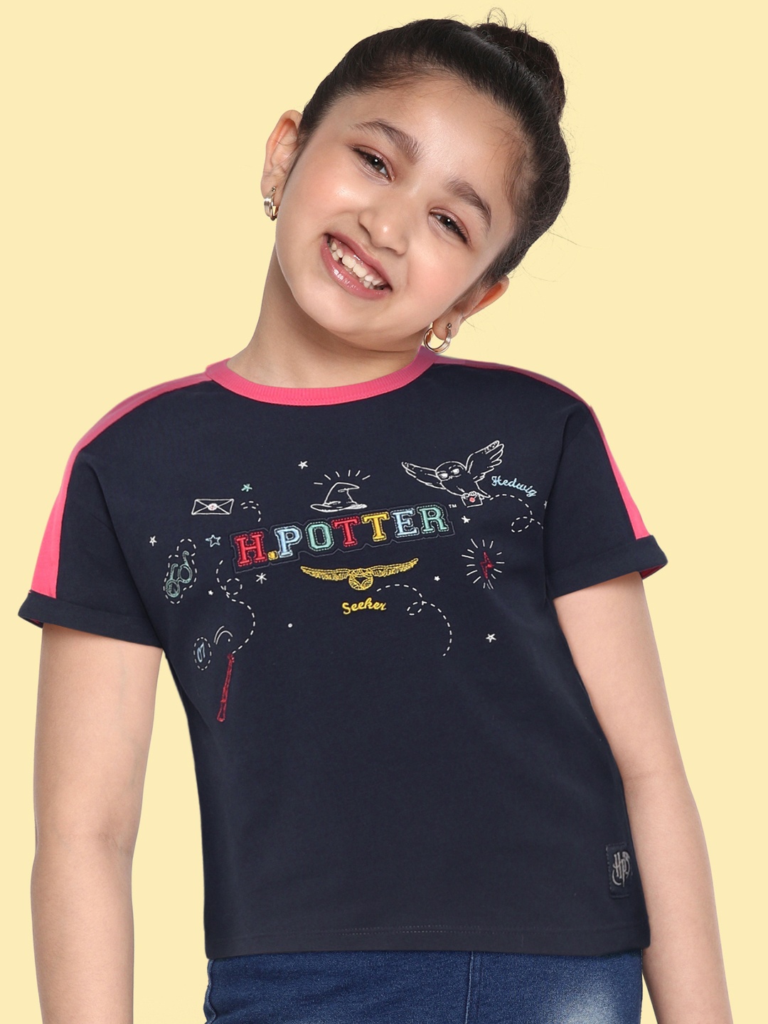 

Marks & Spencer Girls Navy Blue & Pink Harry Potter & Hedwig Drop-Shoulder Sleeves T-shirt