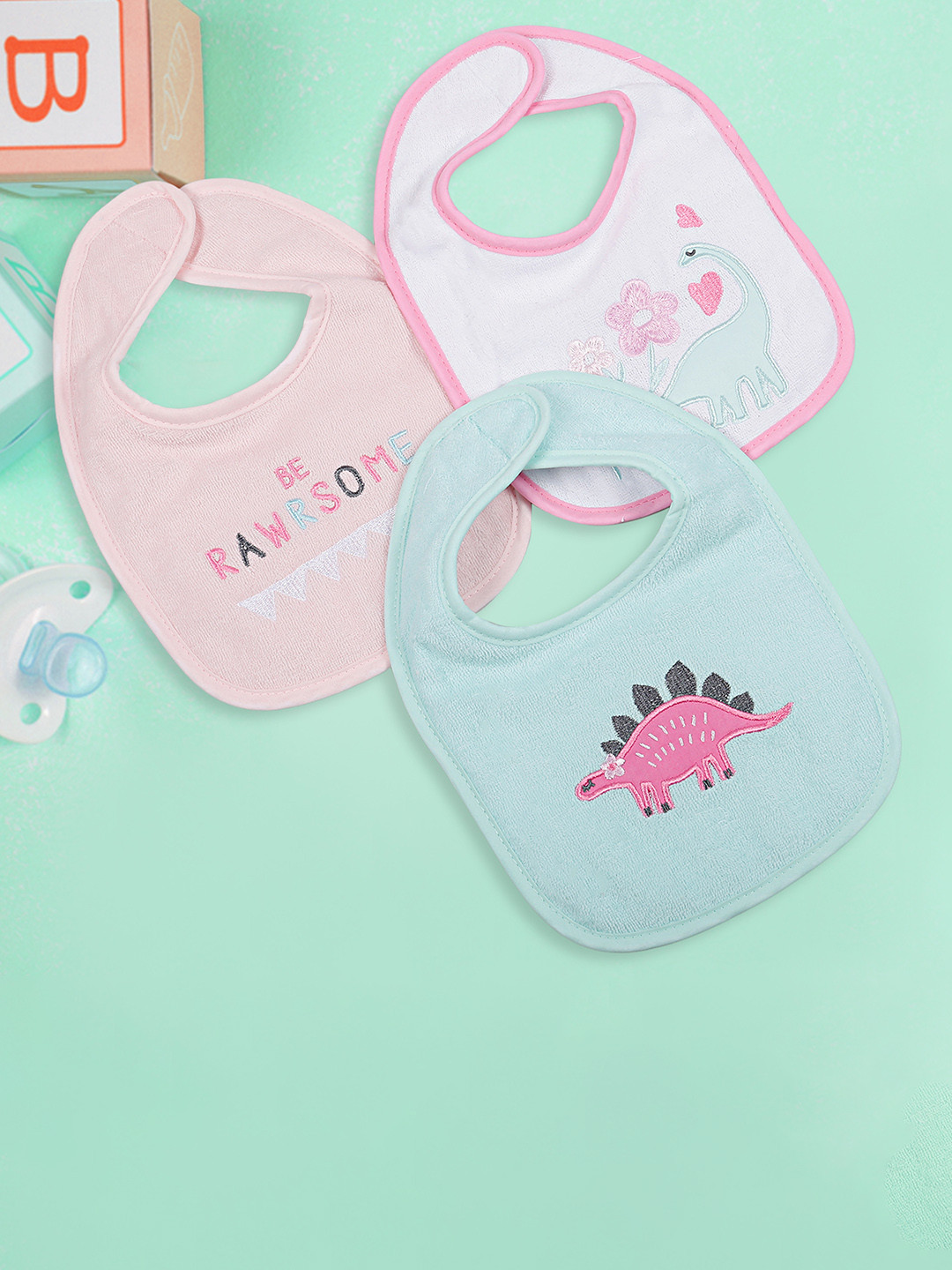 

Baby Moo Infant Girls Pack Of 3 Embroidered Mess-Free Pure Cotton Bibs, Pink