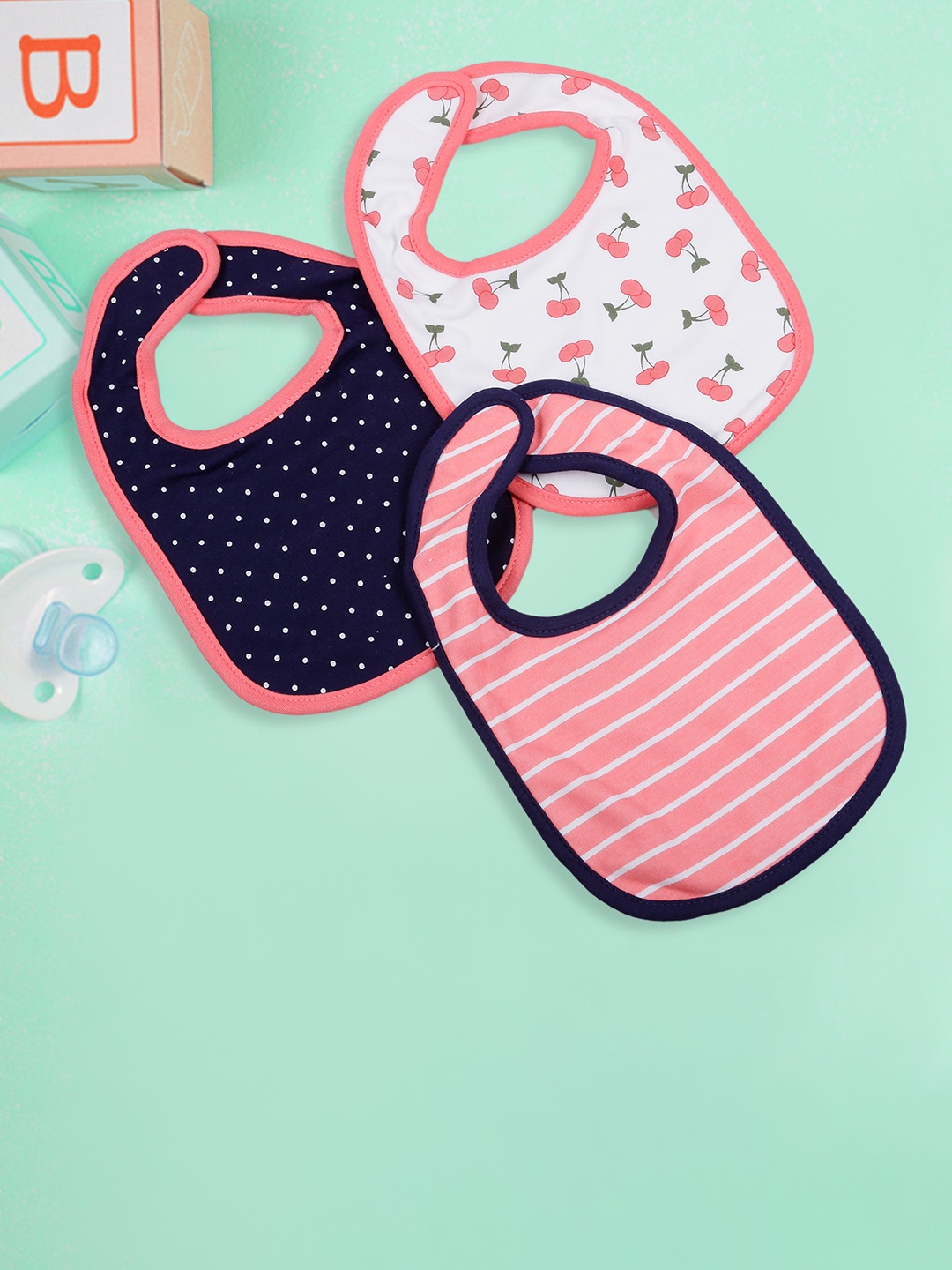 

Baby Moo Infant Kids Pack Of 3 Printed Mess-Free Pure Cotton Bibs, Pink