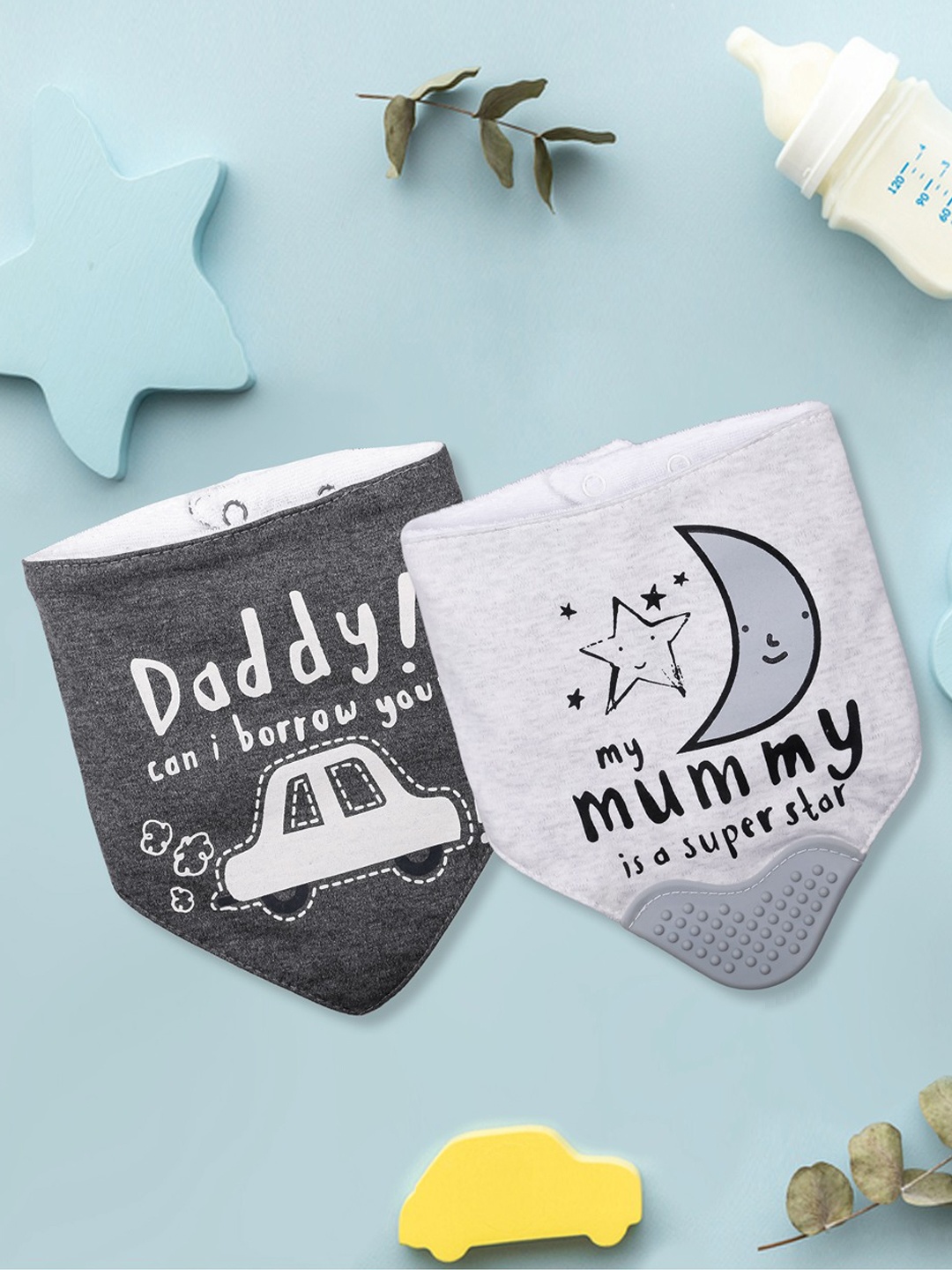 

Baby Moo Infants Pack Of 2 Printed Bibs, Grey